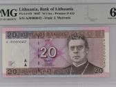 20 Litų 2007 m. Žemas Numeris Aj0000042 Pmg65