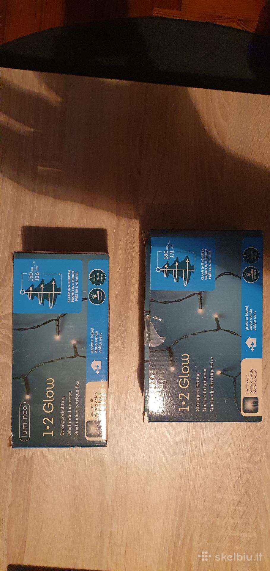 LED lemputės, girlianda, eglutės papuošimai.
