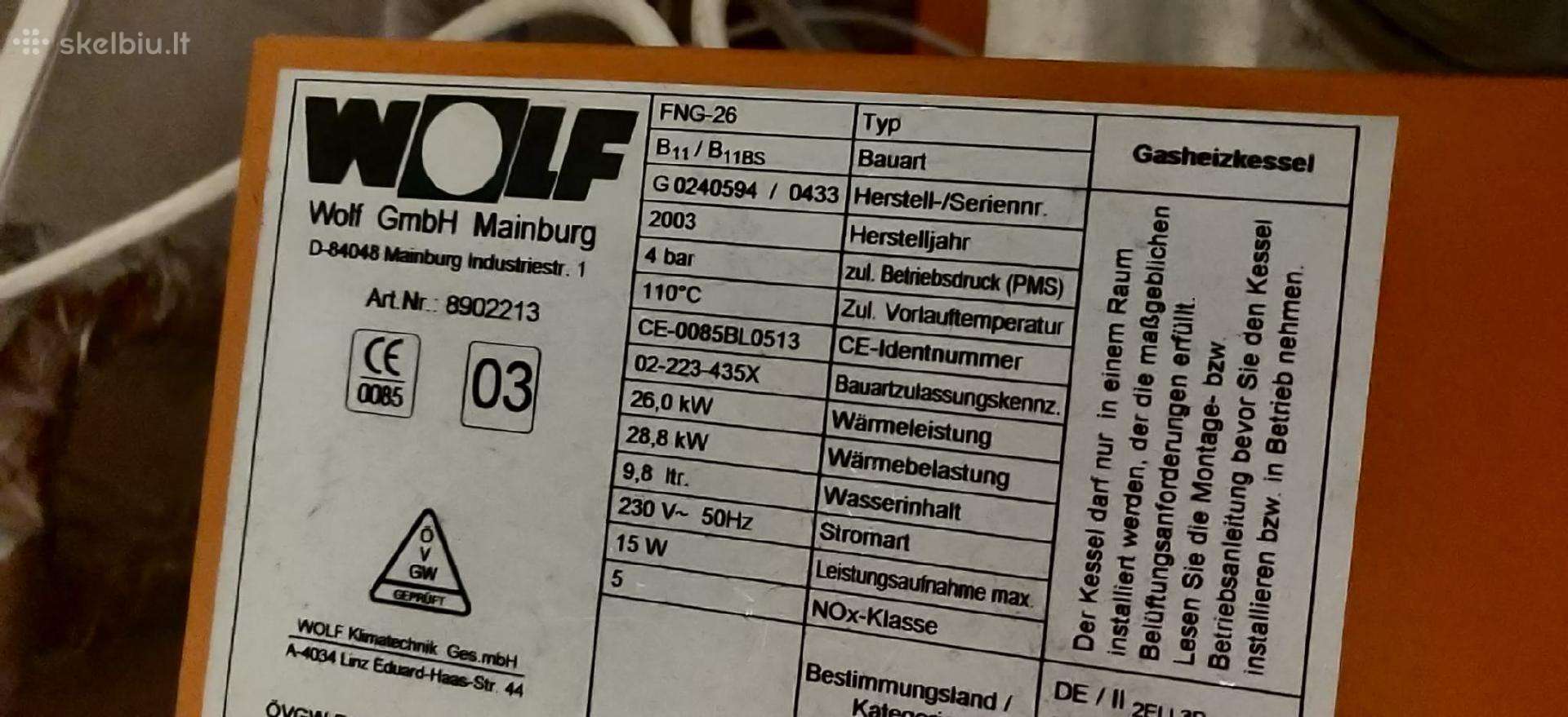 Dujinis šildymo katilas Wolf Fng-26 + boileris