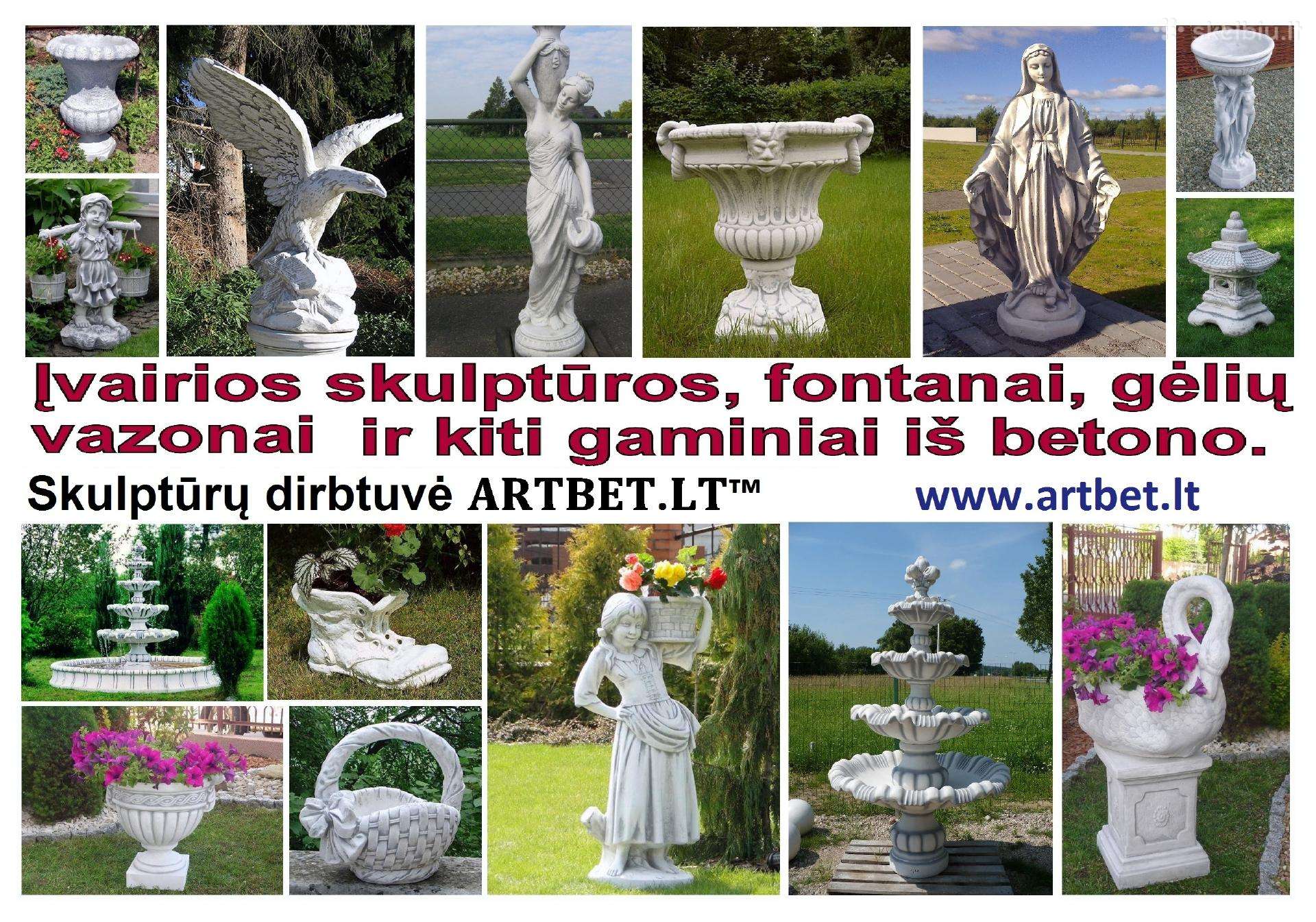 Lauko skulptūros, vazonai, fontanai.