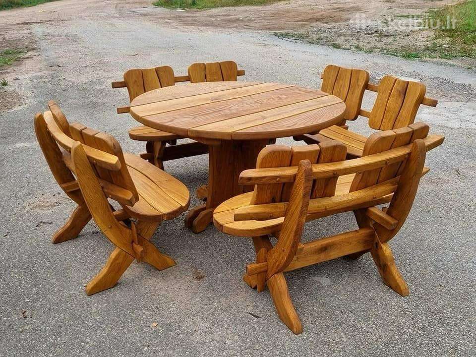 Mediniai lauko baldai, supynė, namelis
