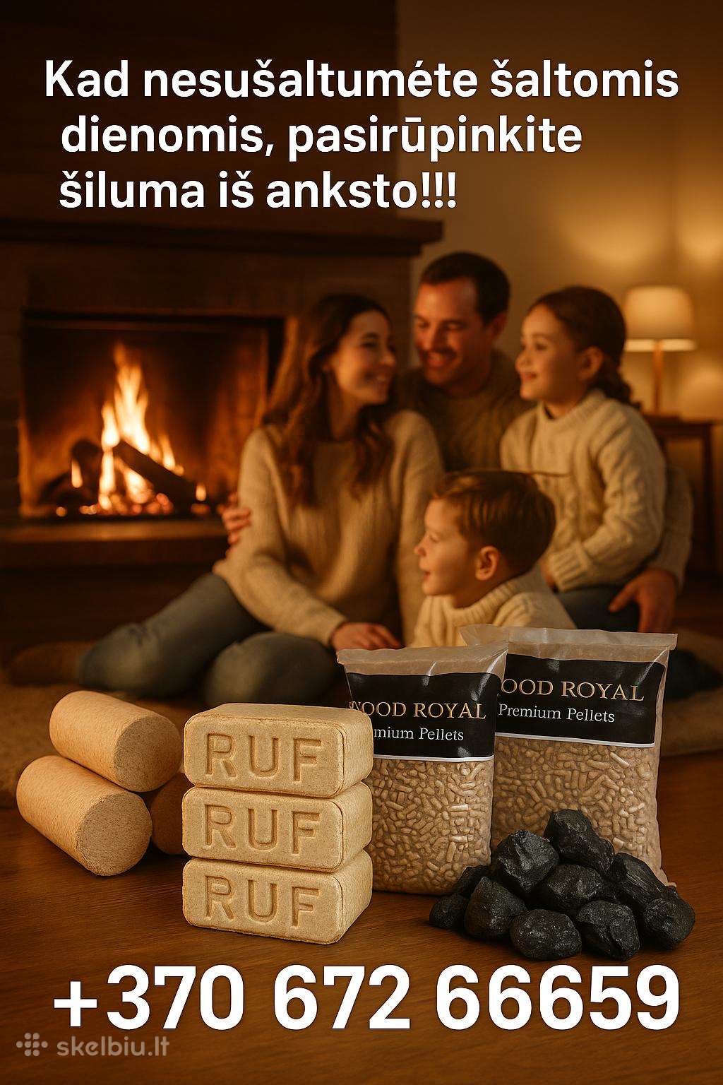 Briketai ir granulės.