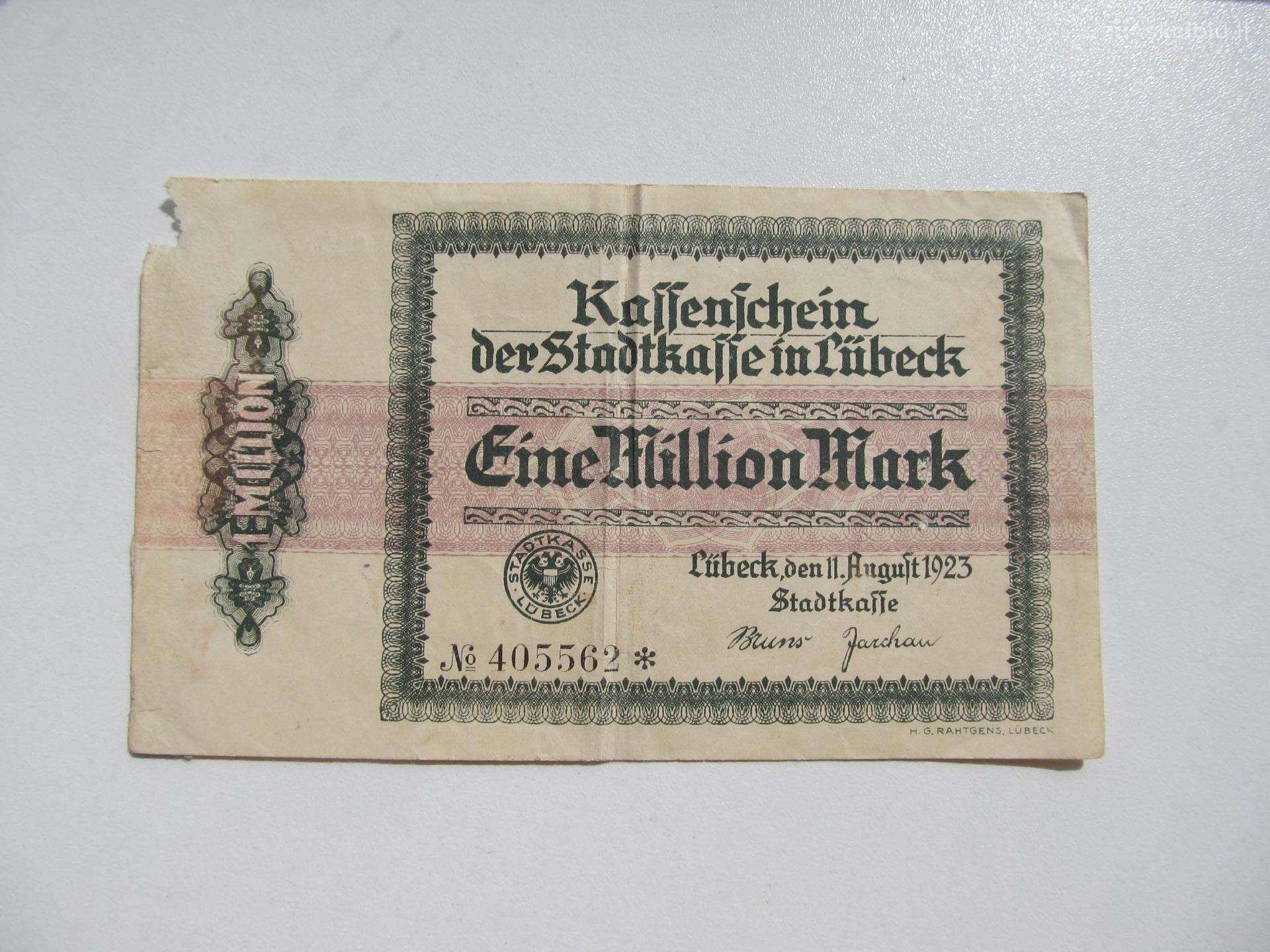 1 milijonas markiu , Lubeck Vokietija , 1923