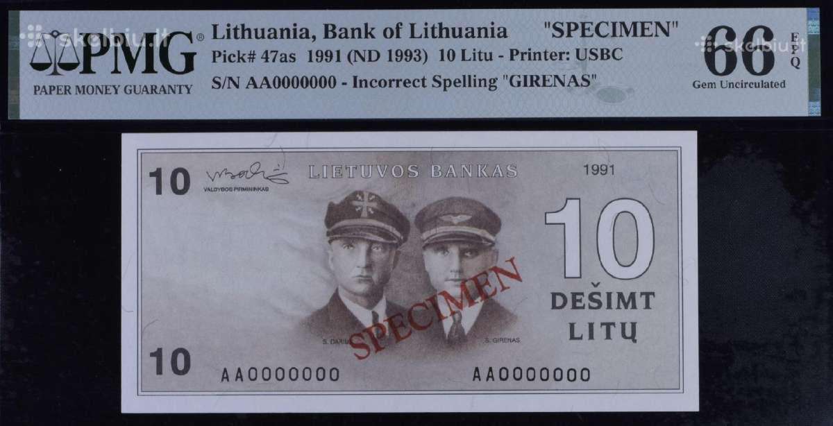 10 Litu 1991 Banknotas Pavyzdys Pmg66 Specimen