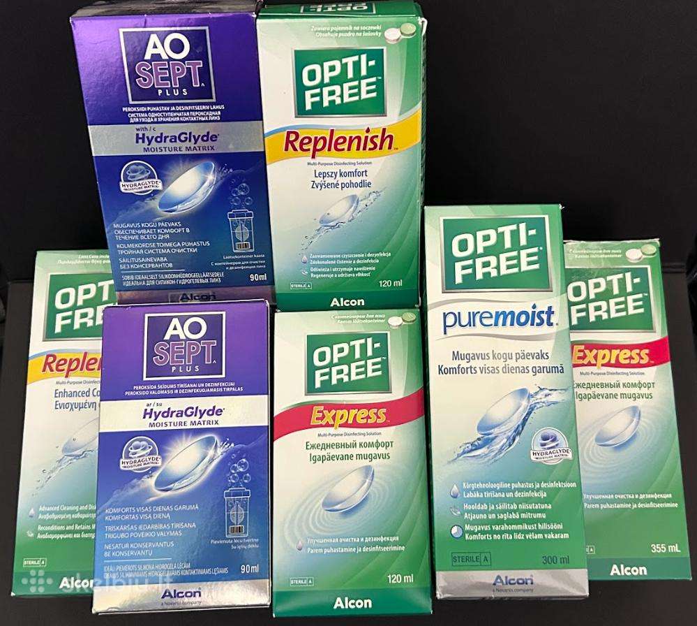 Kontaktinių lęšių skysčiai (Alcon: Opti-free, Ao