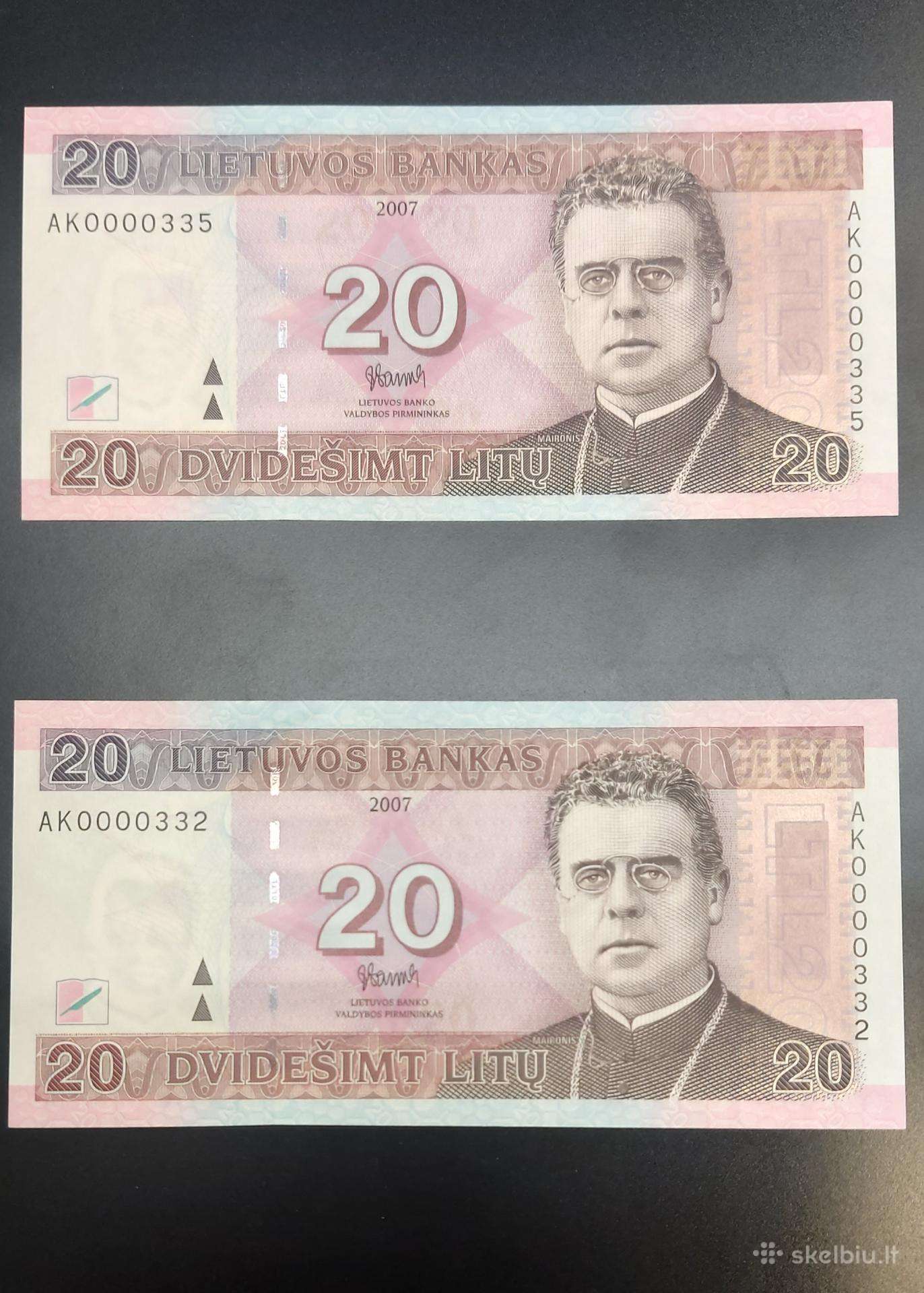 20 litu 2007 m Ak0000335 zemas numsris Unc