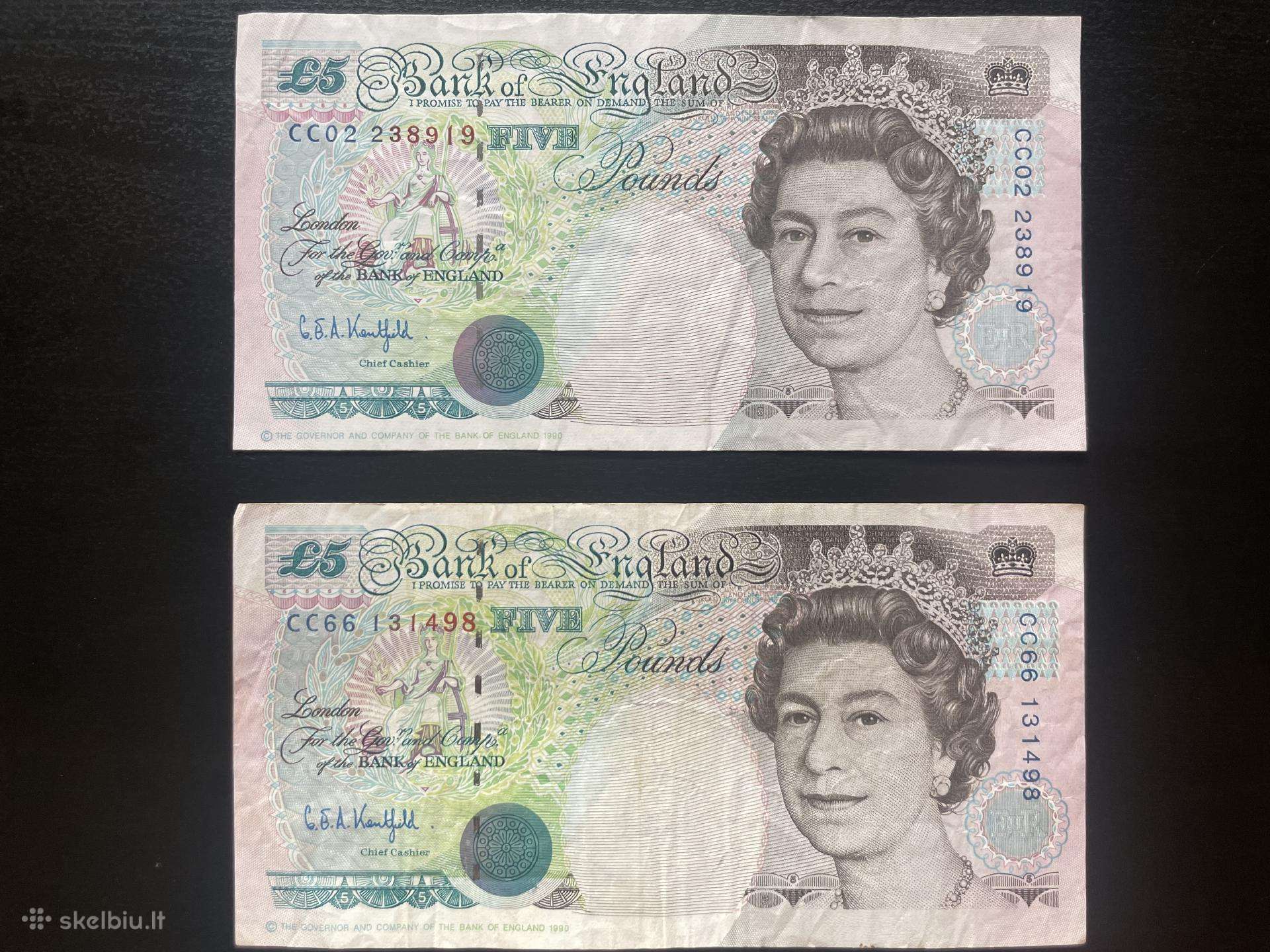 Penki svarai sterlingai £5 five pound note 1990