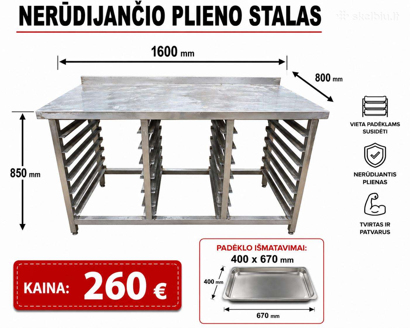 Nerudijančio plieno stelažai, lentyna, stalai