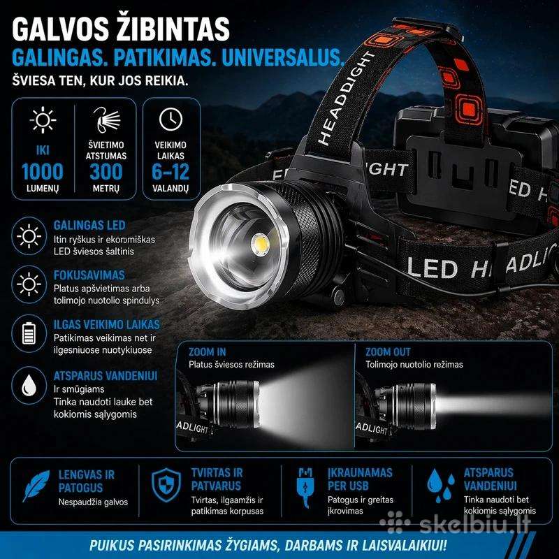 Įkraunamas LED Galvos Žibintas su 8 Režimais