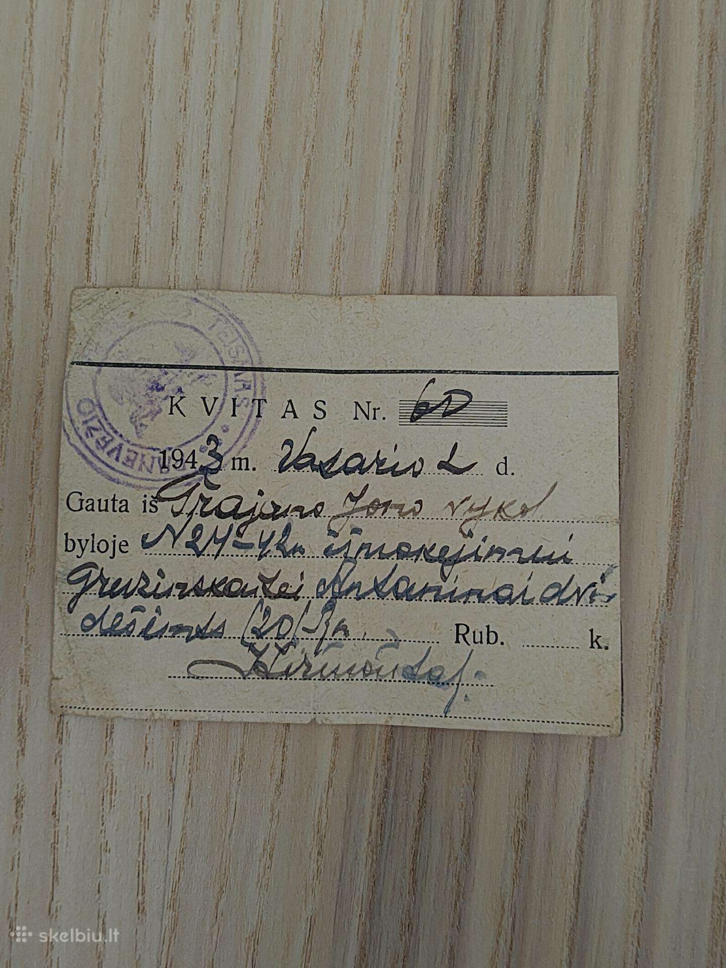 Mokesčio kvitas. 1943