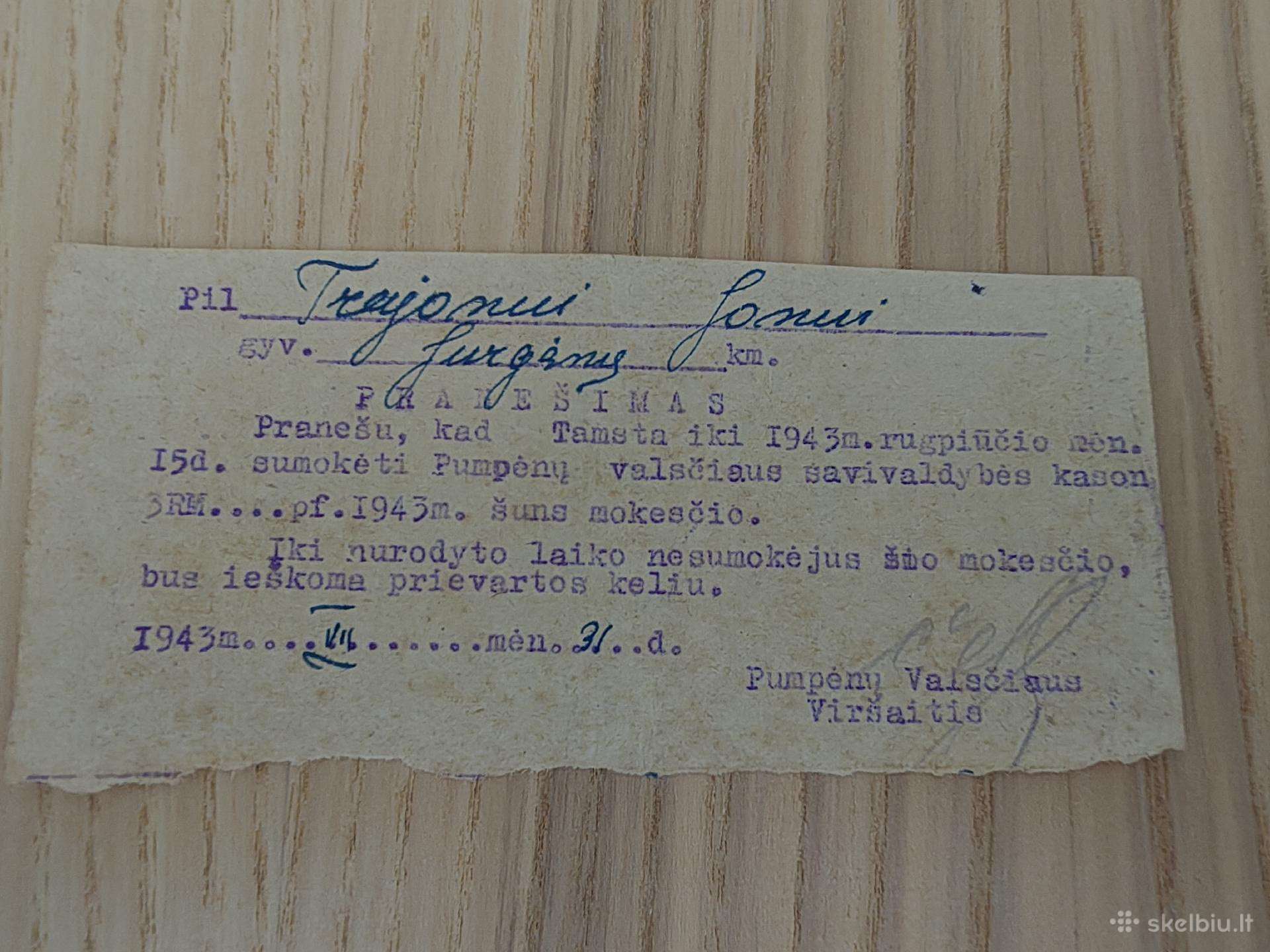 Šuns mokestis. 1943. Pumpėnų valsčius