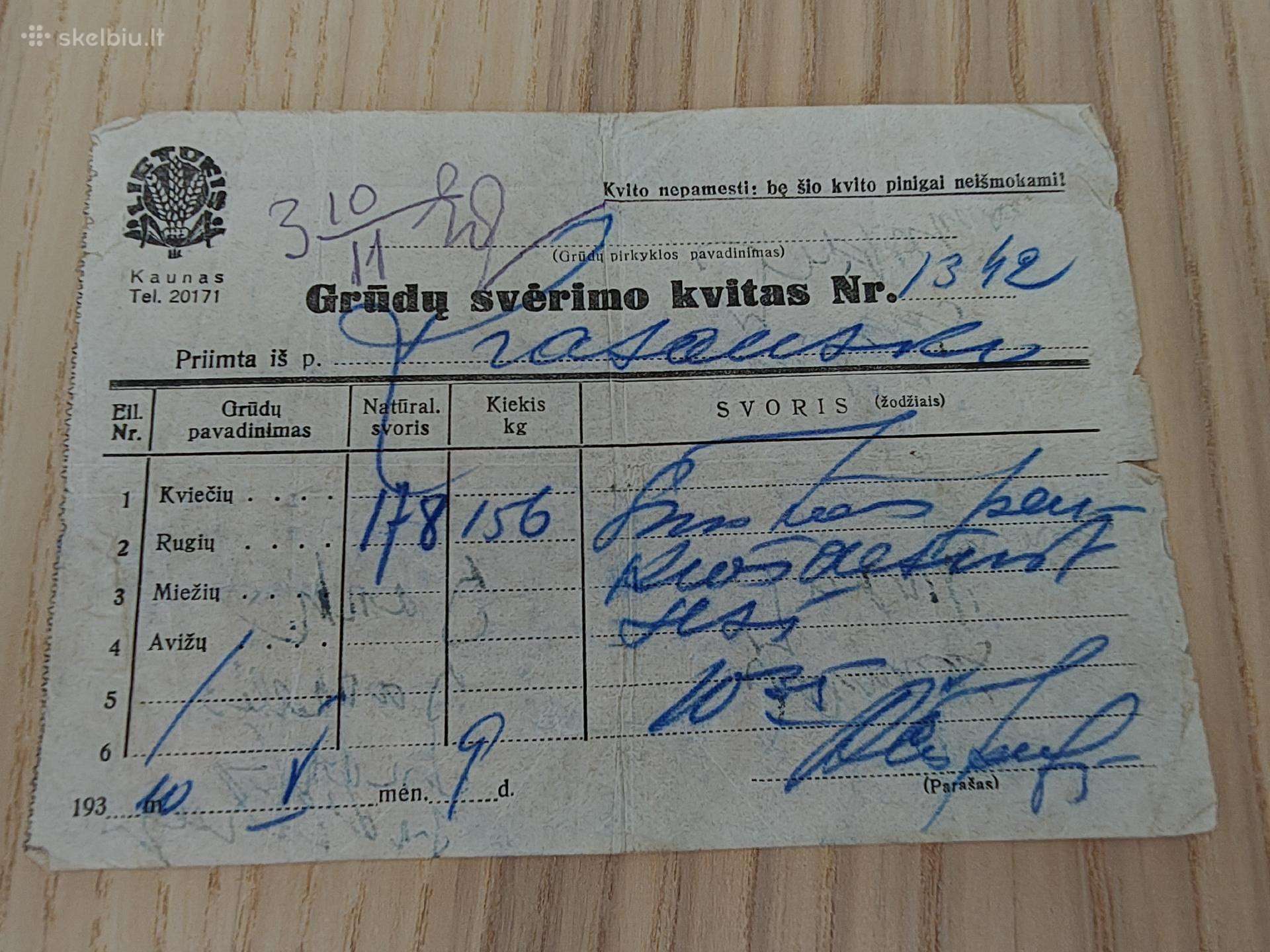 Grūdų svėrimo kvitas