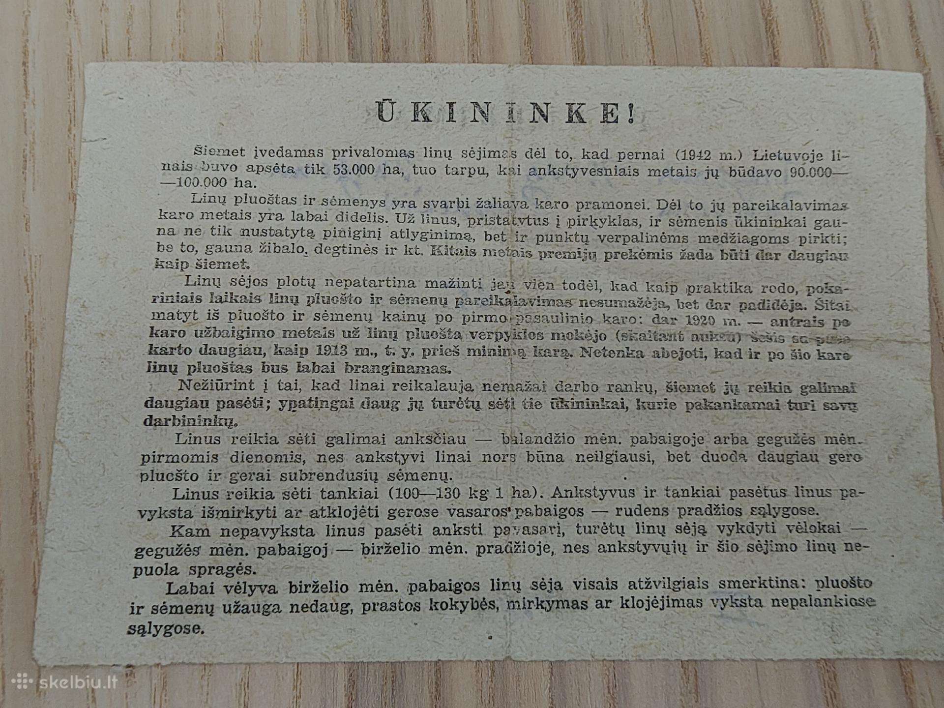 Atsišaukimas ūkininkams dėl linų auginimo. 1943
