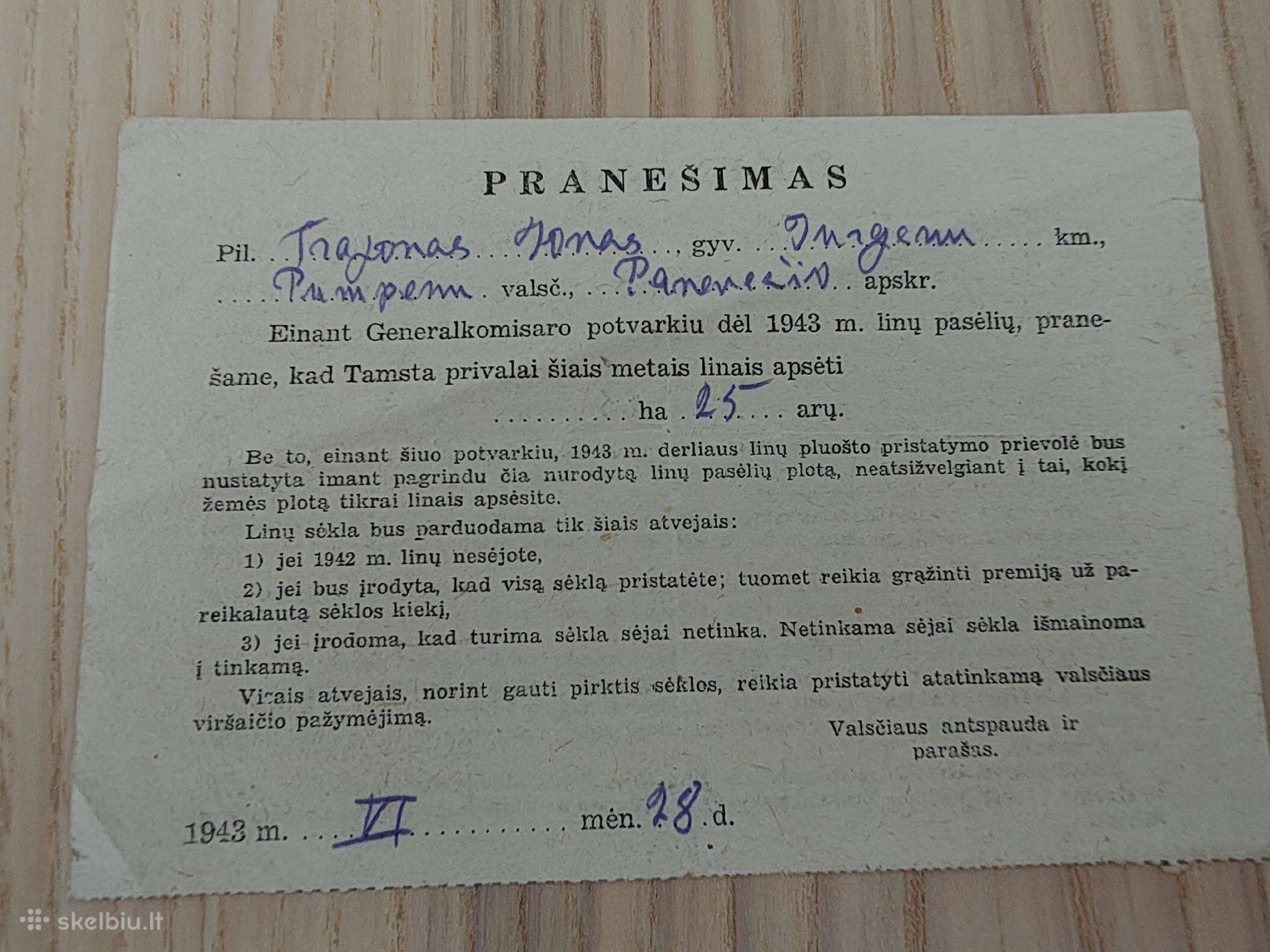 Pranešimas apsėti 25 arus linais. 1943