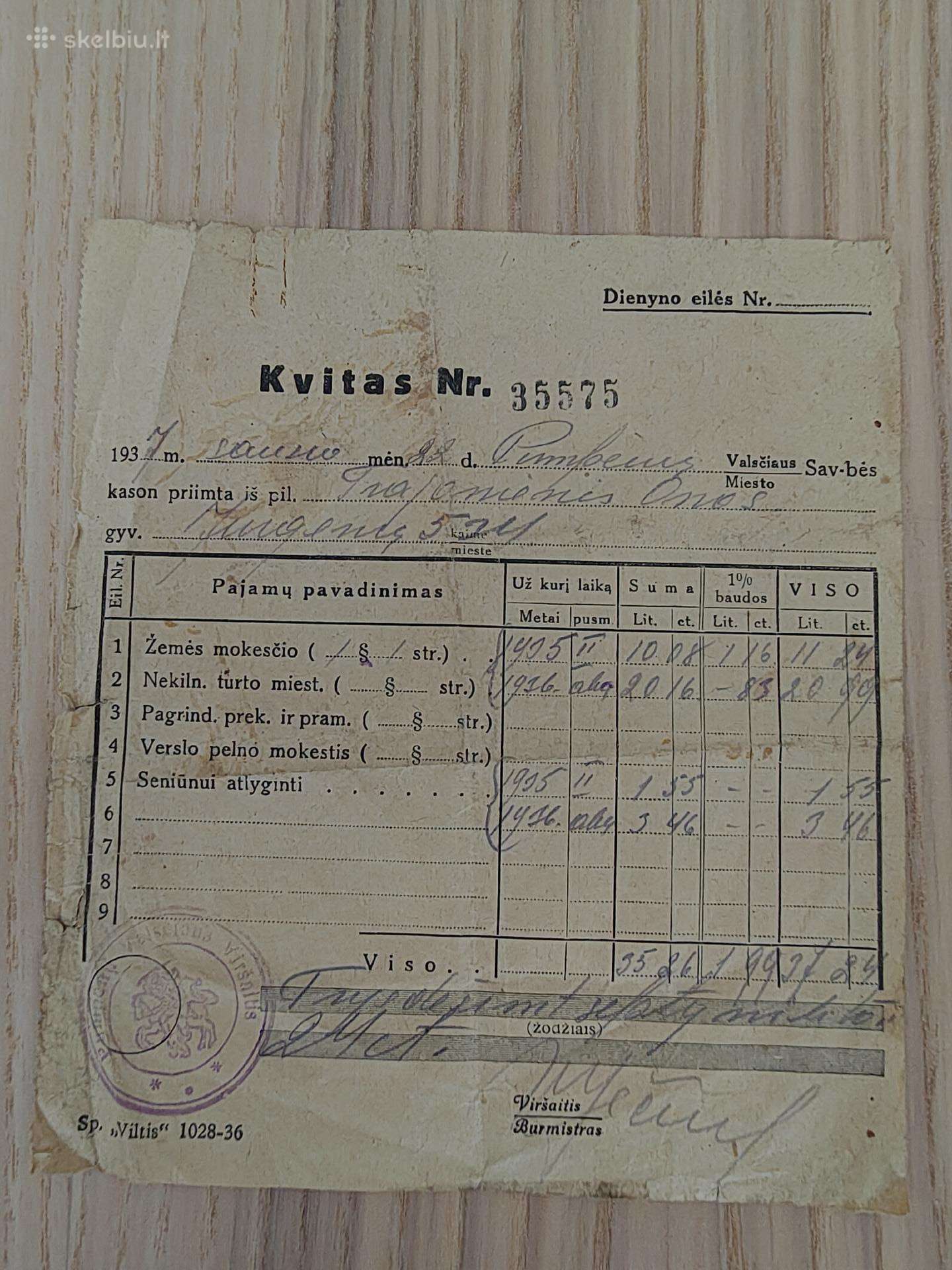 Žemės mokesčio kvitas. 1937. Pumpėnų valsčius