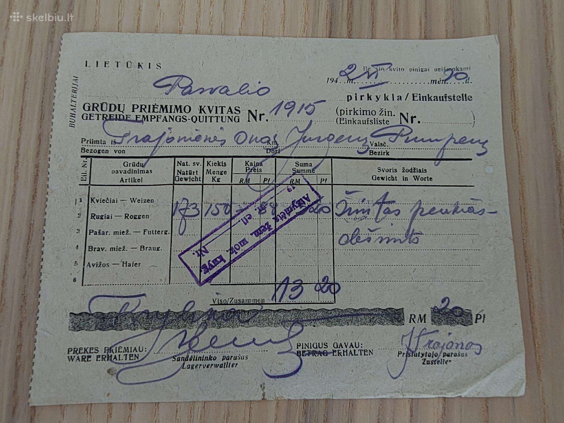 Lietūkis. Grūdų priėmimo kvitas. 1942. Pasvalys
