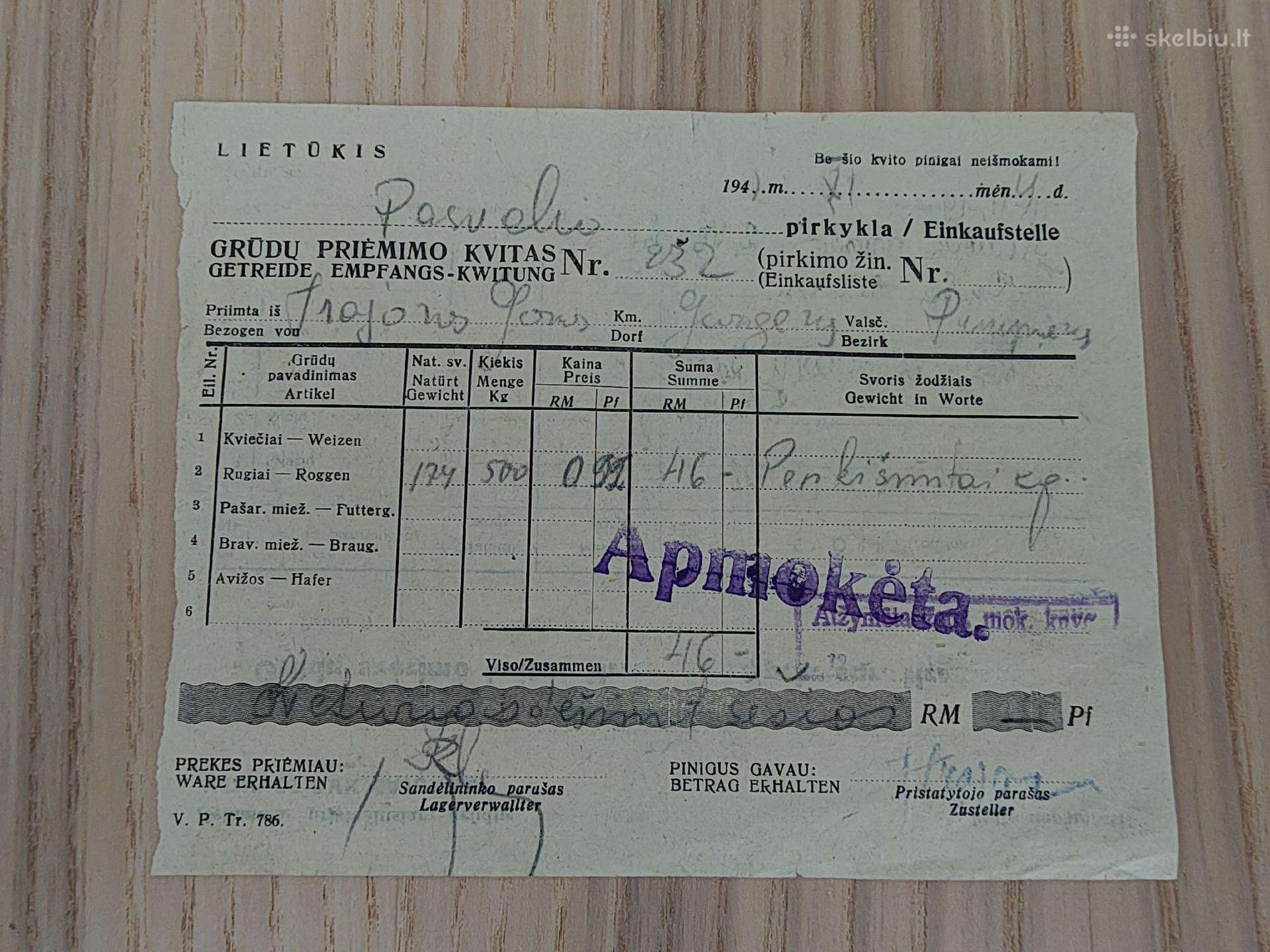 Grūdų priėmimo kvitas. Apmokėta. 1941