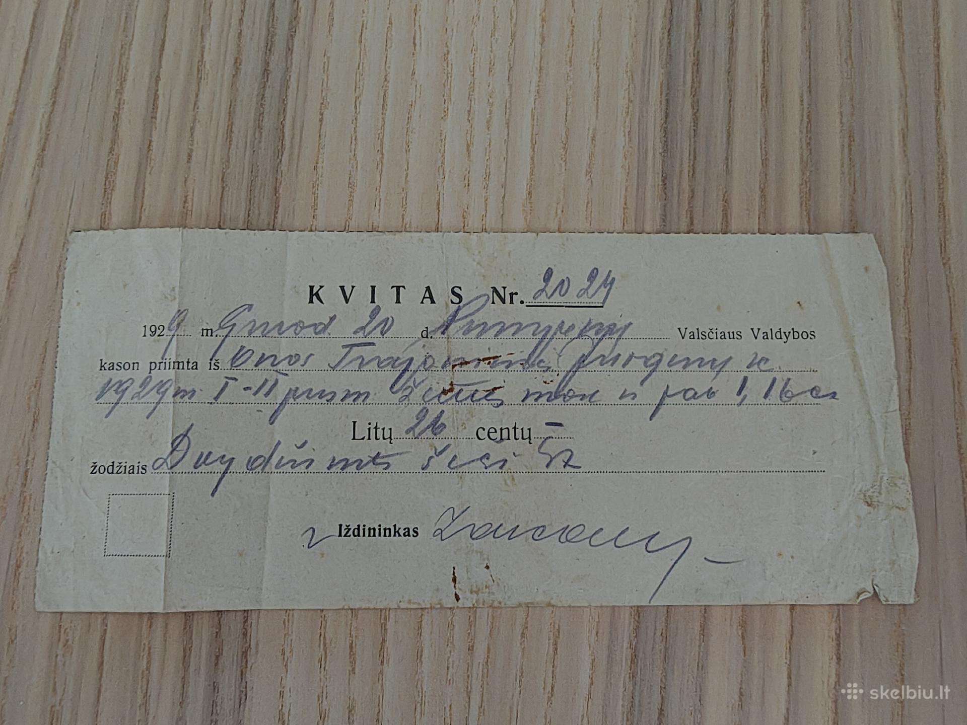 Kvitas. 1929. Pumpėnų valsčius