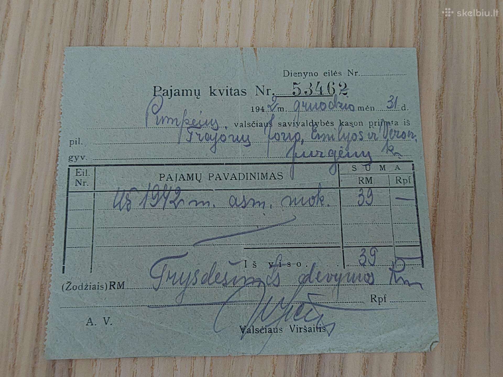 Pajamų kvitas. 1942. Pumpėnų valsčius