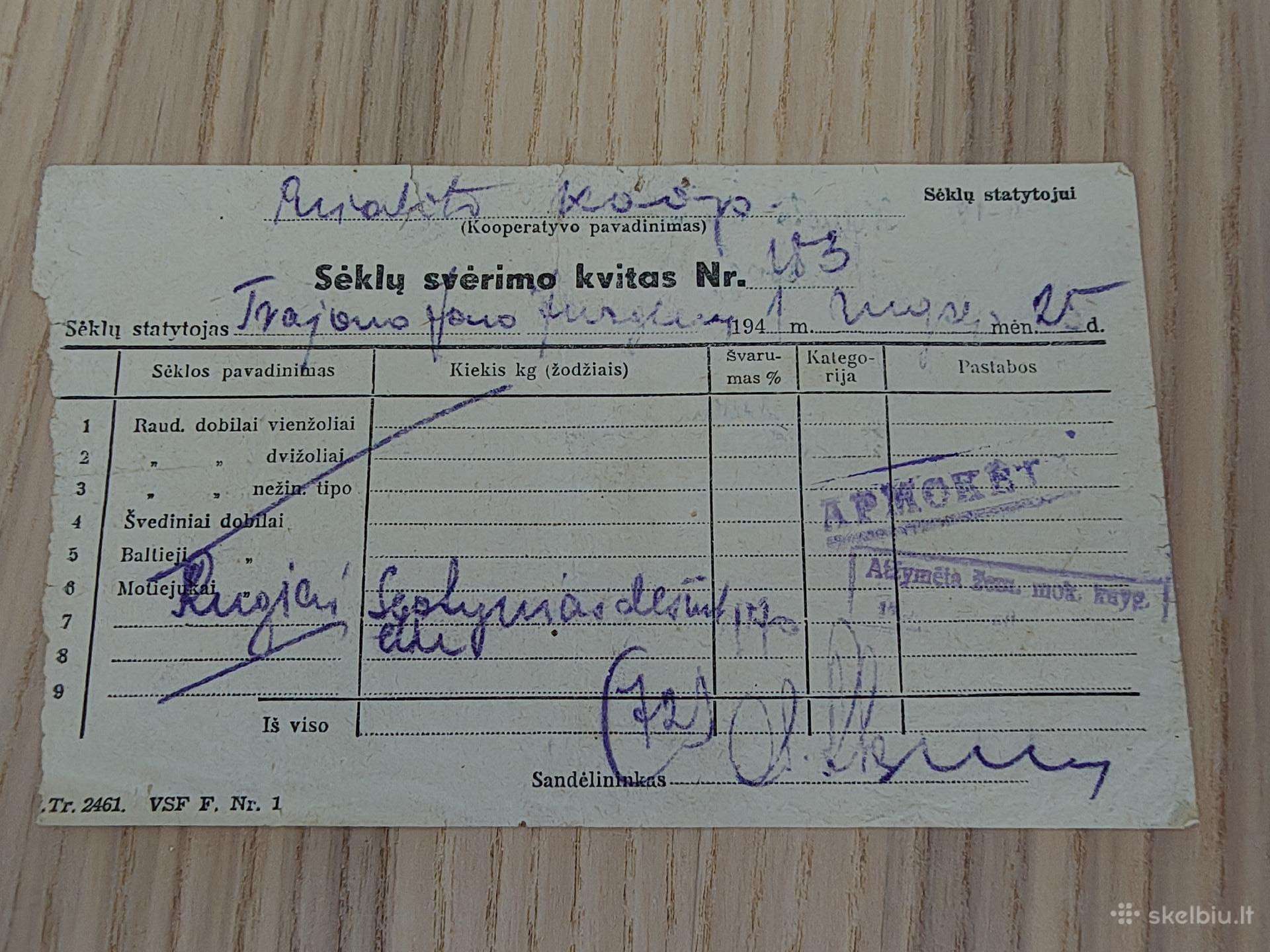Sėklų svėrimo kvitas. 1941
