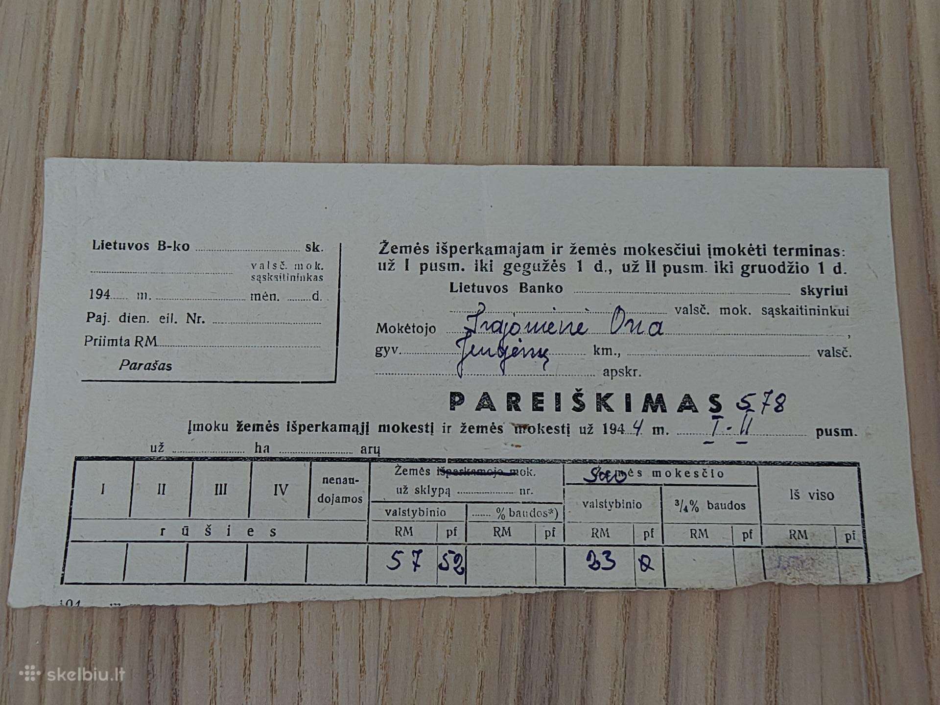 Pareiškimas už žemės ir išperkamąjį mokestį. 1944