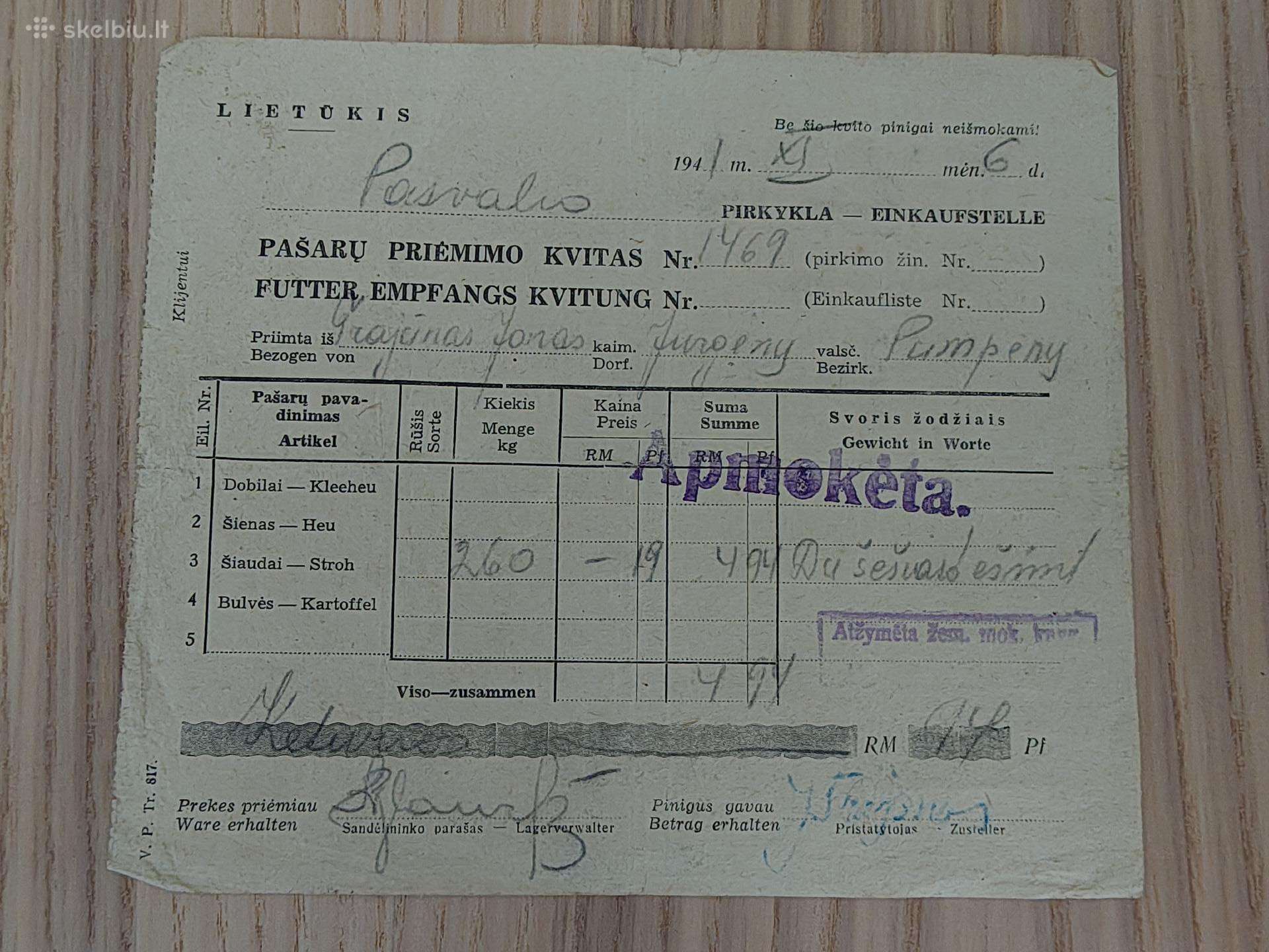 Lietūkis. Pašarų priėmimo kvitas. 1941. Pasvalys
