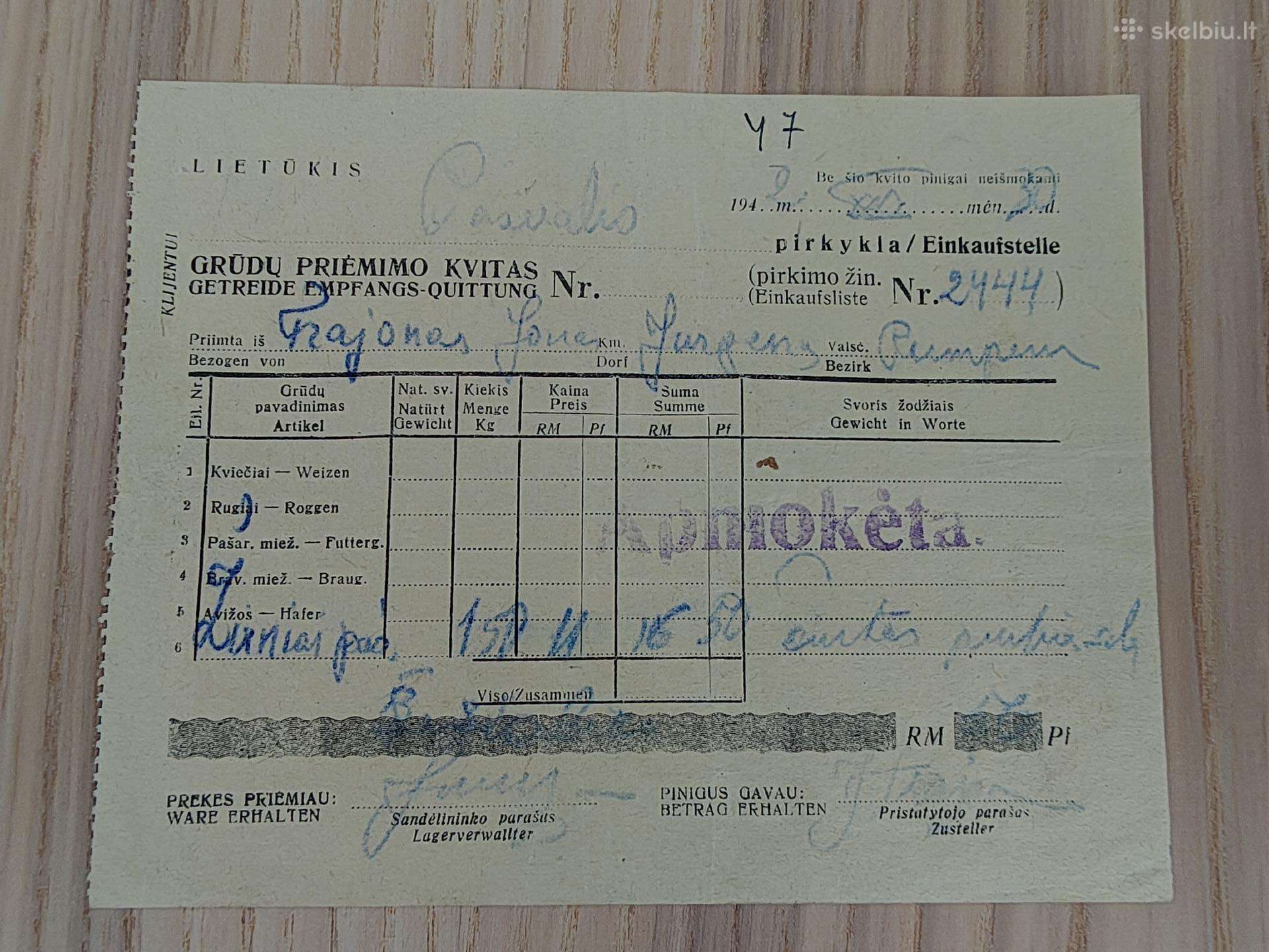 Grūdų priėmimo kvitas. 1942. Pasvalio pirkykla