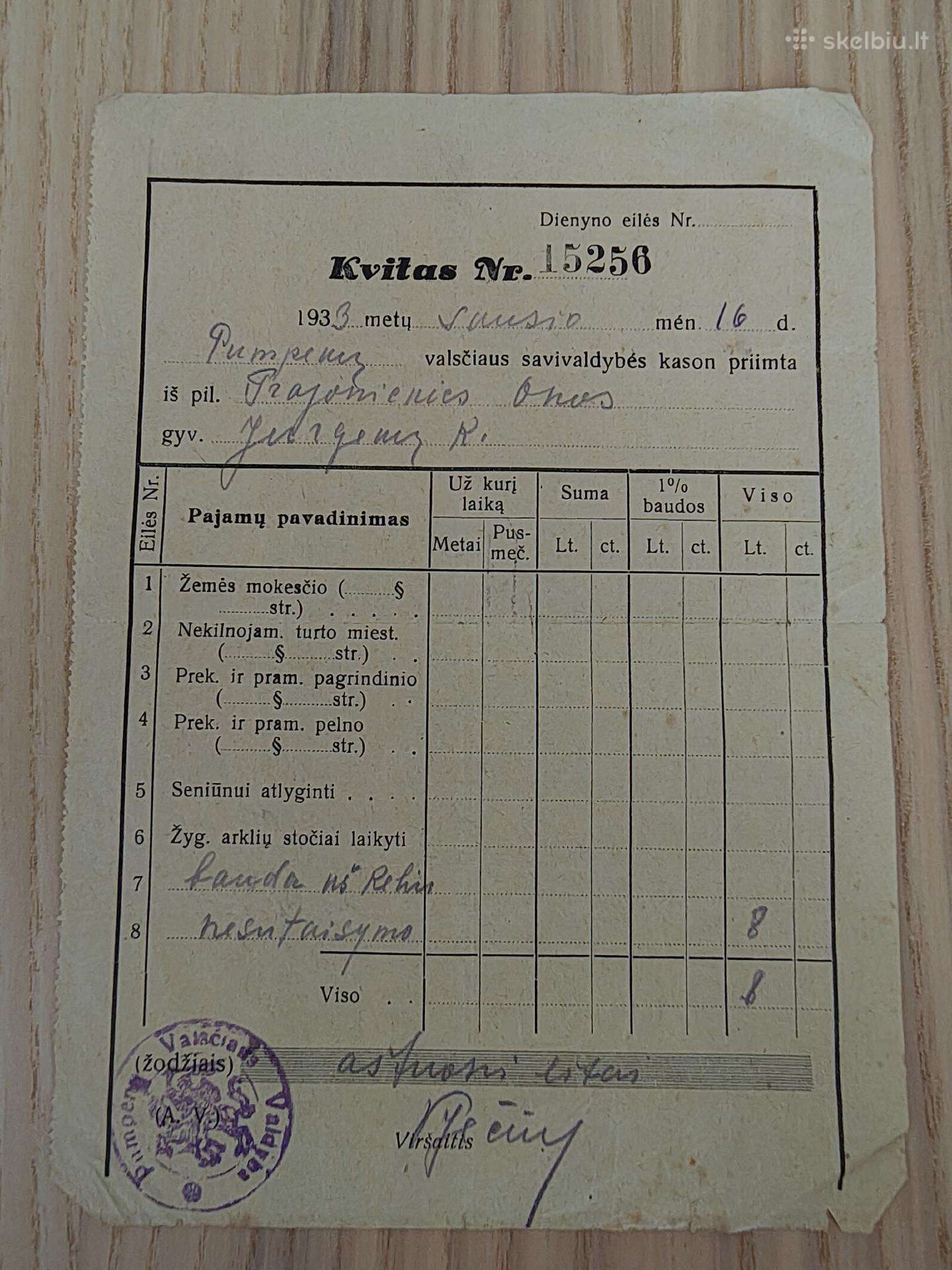 Žemės mokesčio kvitas. 1933. Pasvalio valsčius