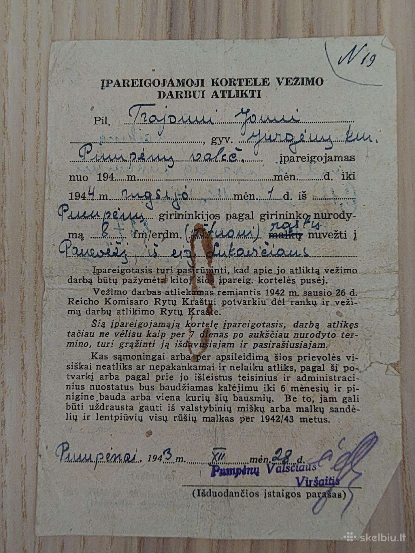 Įpareigiamoji kortelė vežimo darbui atlikti. 1943