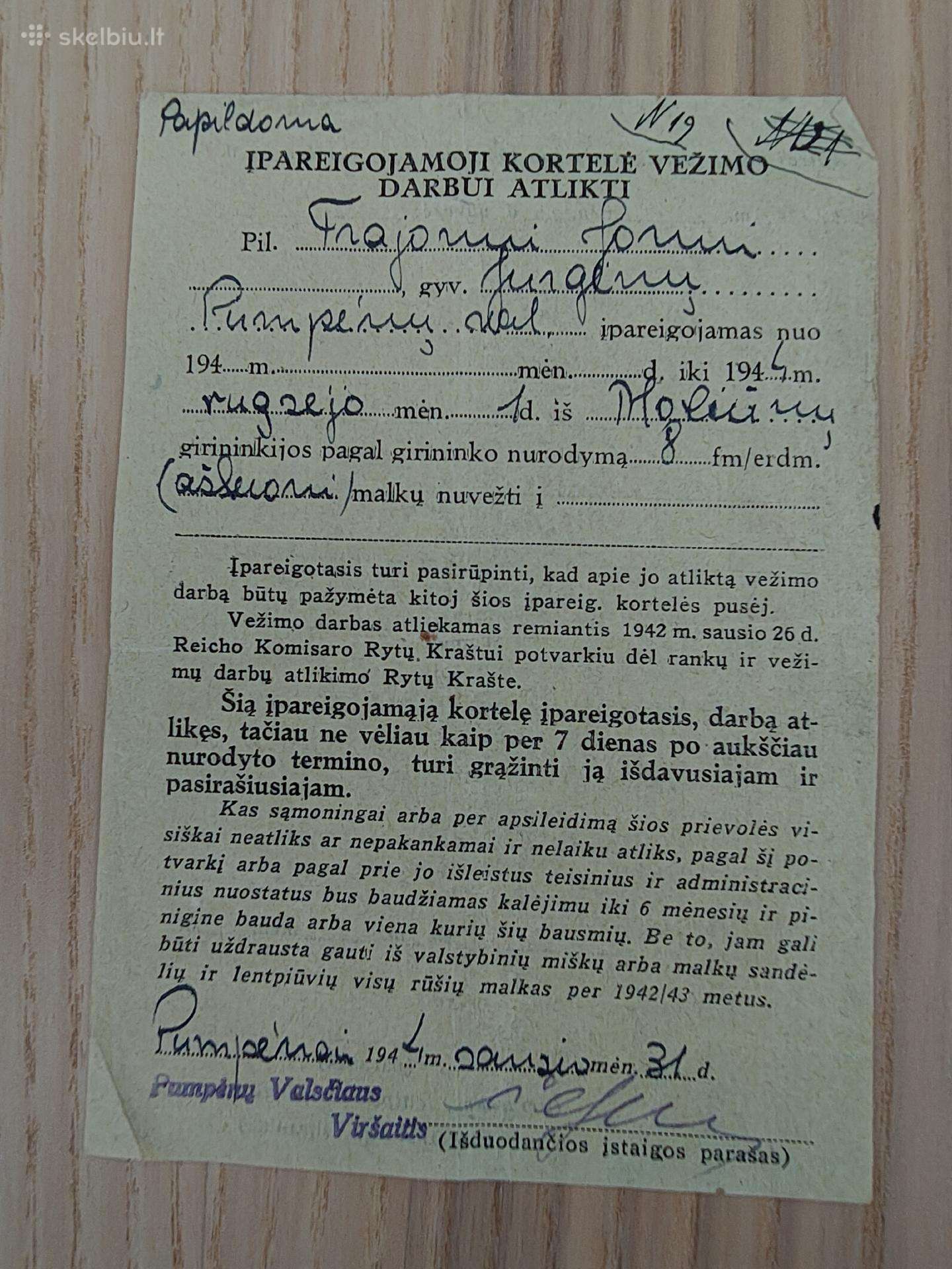 Įpareigiamoji kortelė vežimo darbui atlikti. 1944