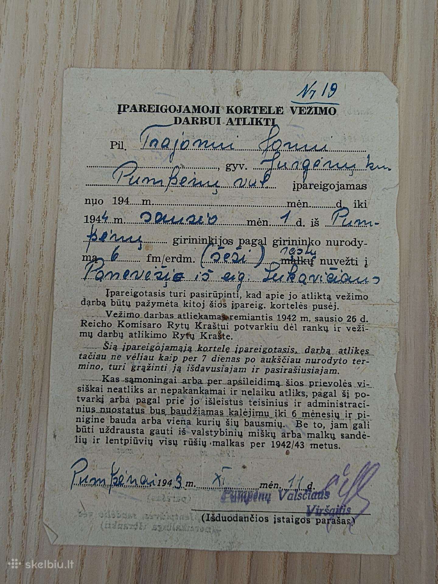 Įpareigiamoji kortelė vežimo darbui atlikti. 1943