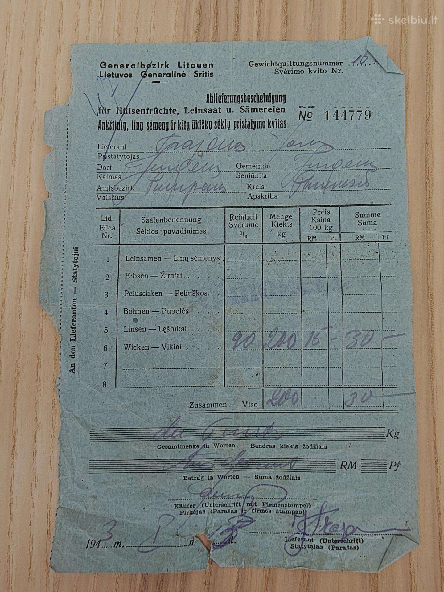 Sėklų pristatymo kvitas. 1943. Pumpėnų valsčius