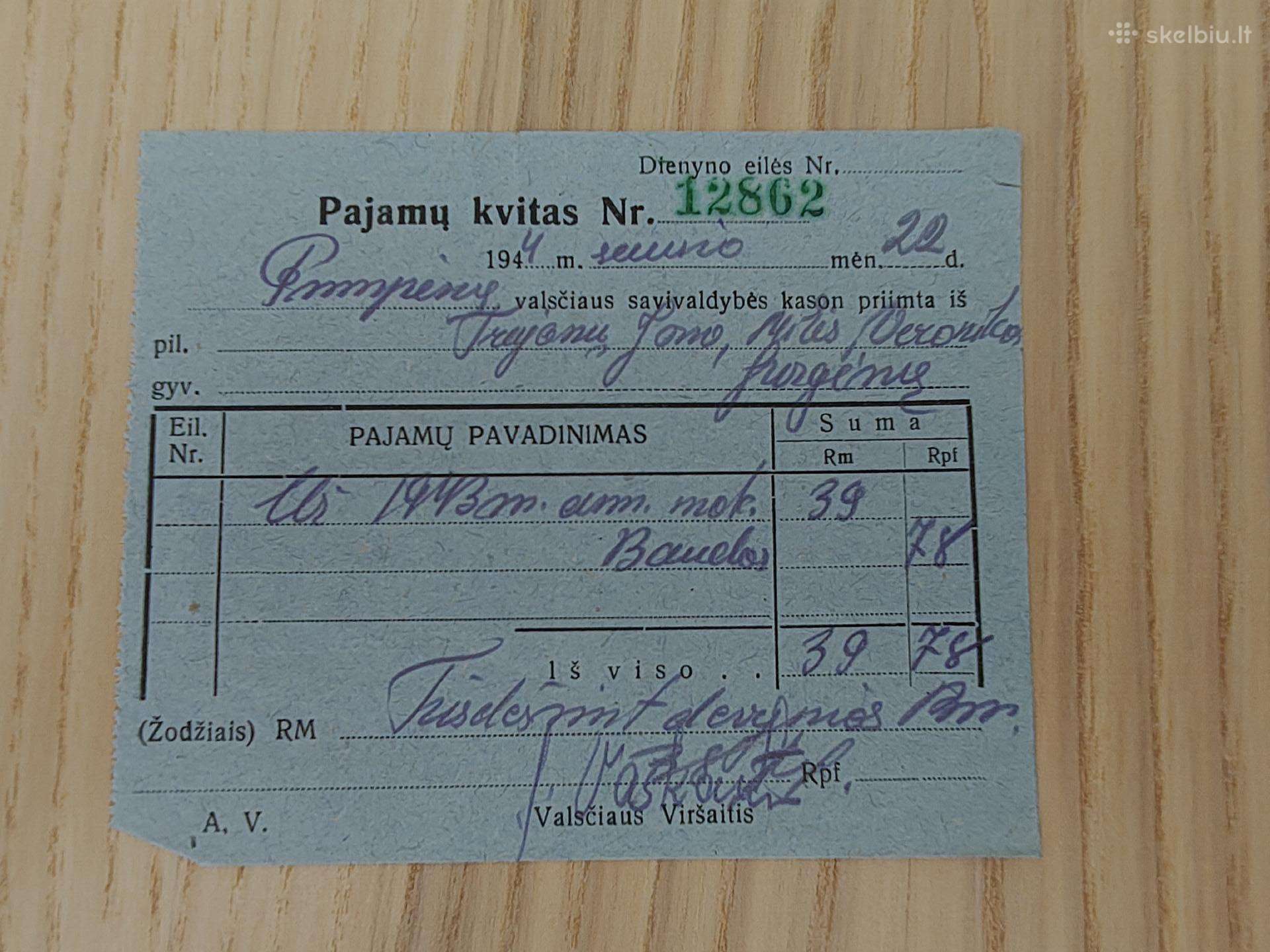 Pajamų kvitas. 1944. Adm. mokestis baudos