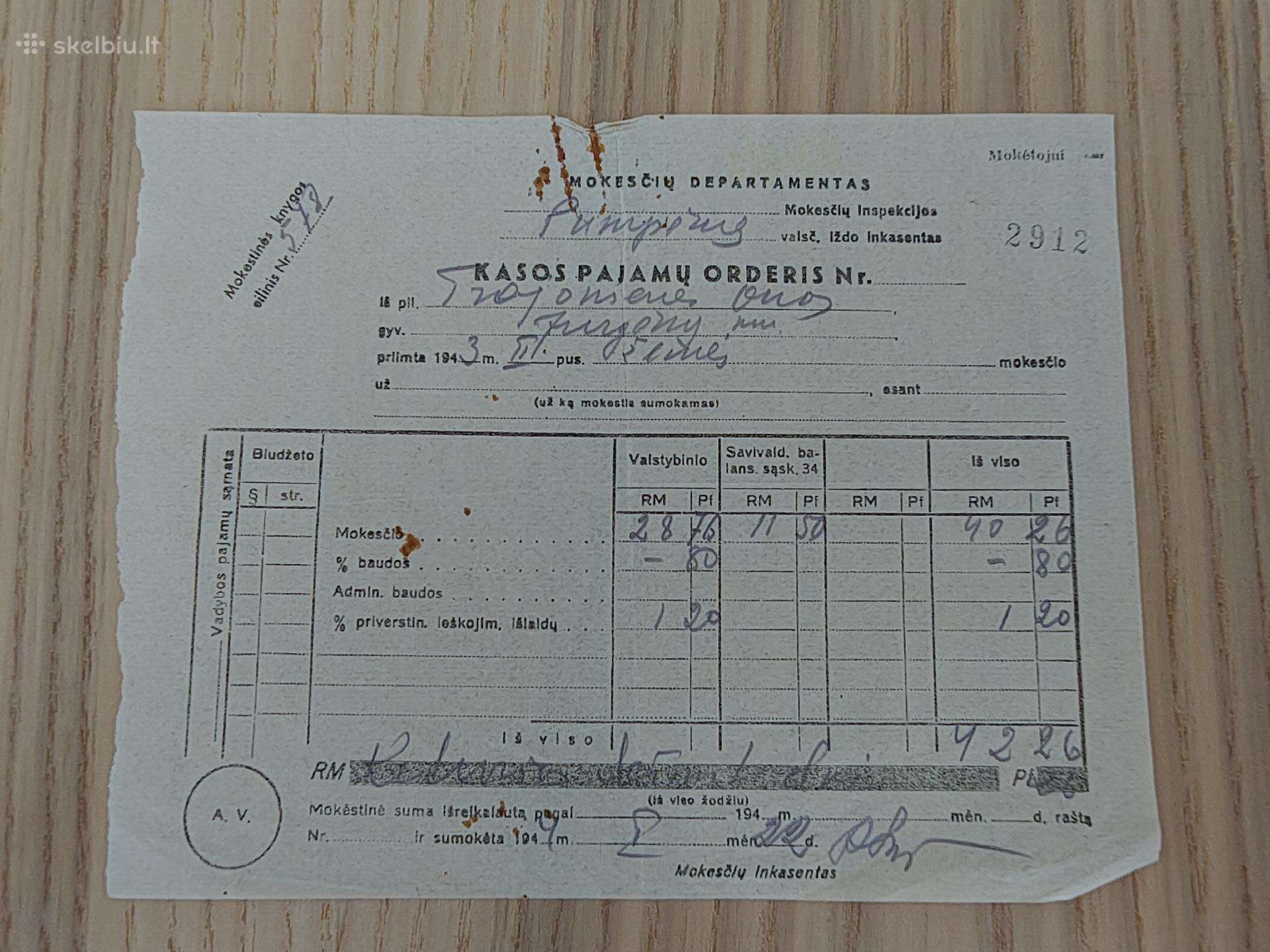 Kasos pajamų orderis. 1944. Baudos