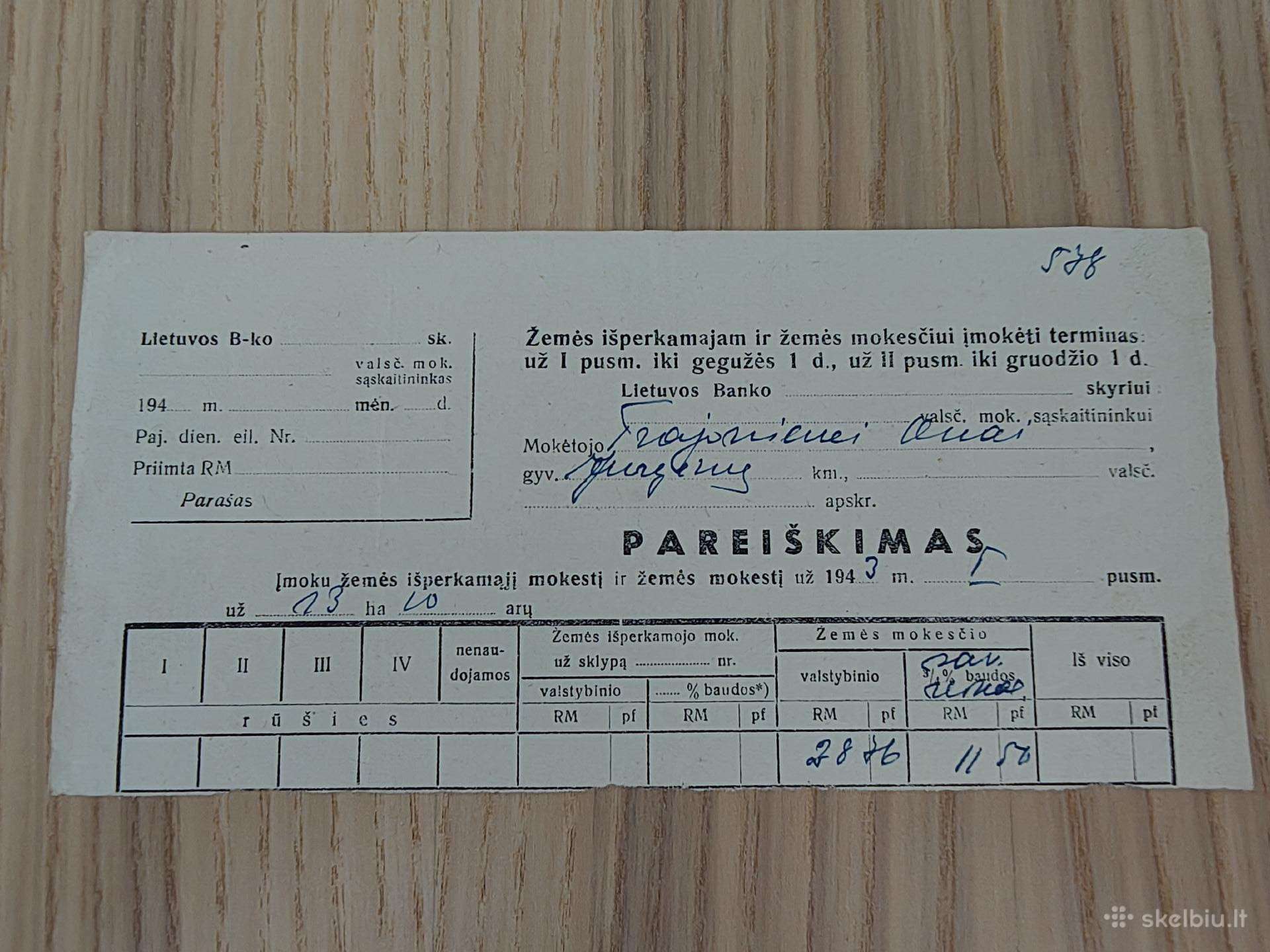 Žemės mokesčio pareiškimas. 1943. Pumpėnų valsčius