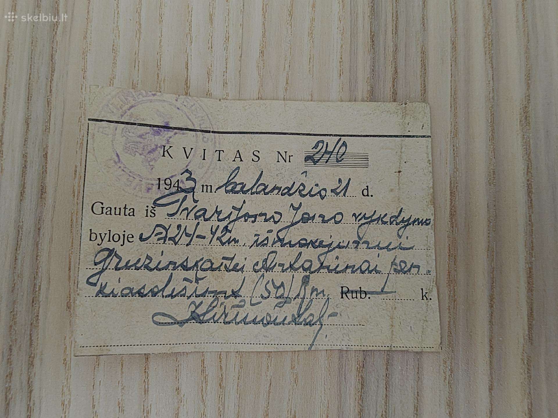 Kvitas. 1943. Panevėžio apylinkės teismas