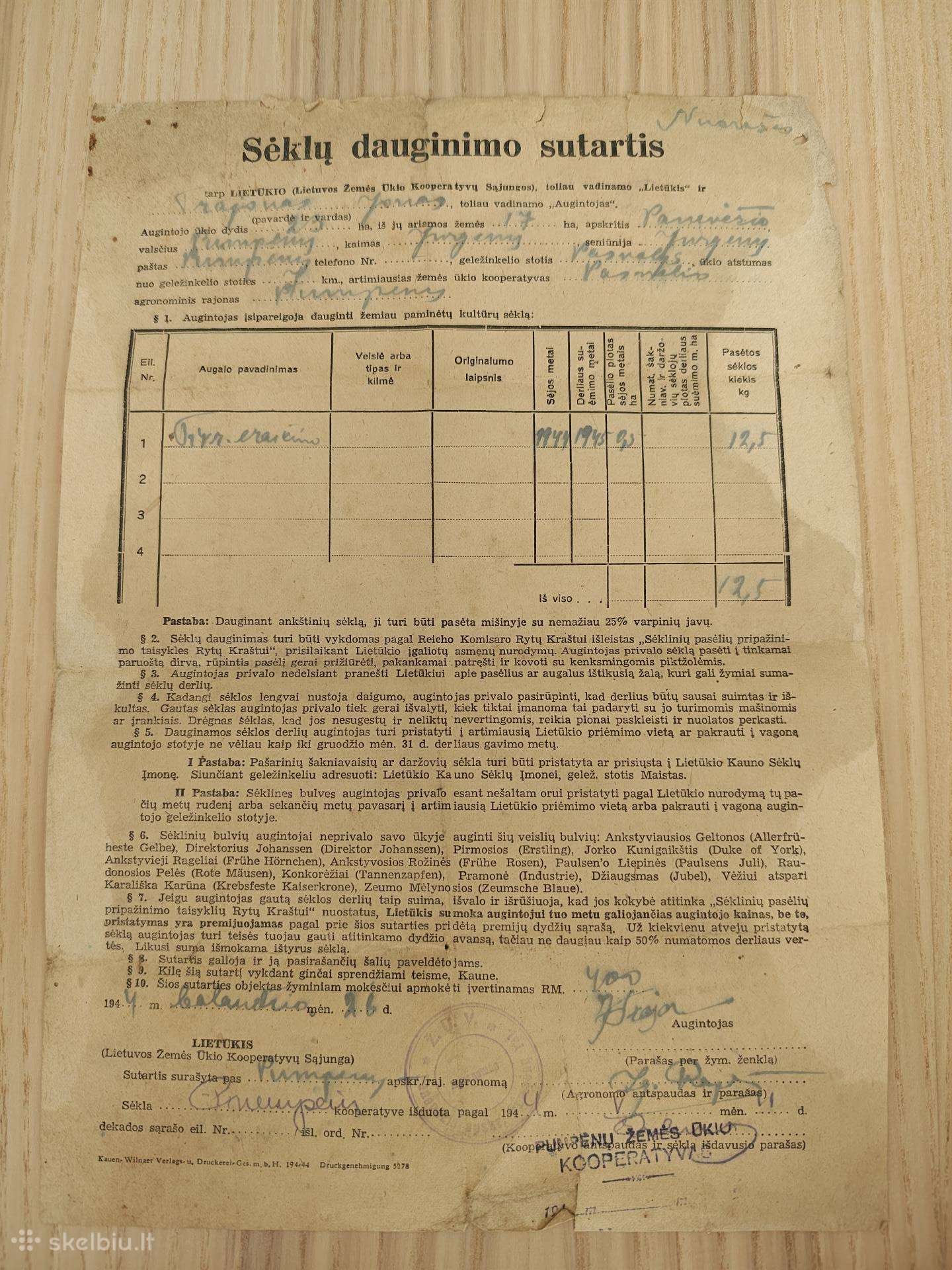 Sėklų dauginimo sutartis. 1944. Pumpėnų valsčius