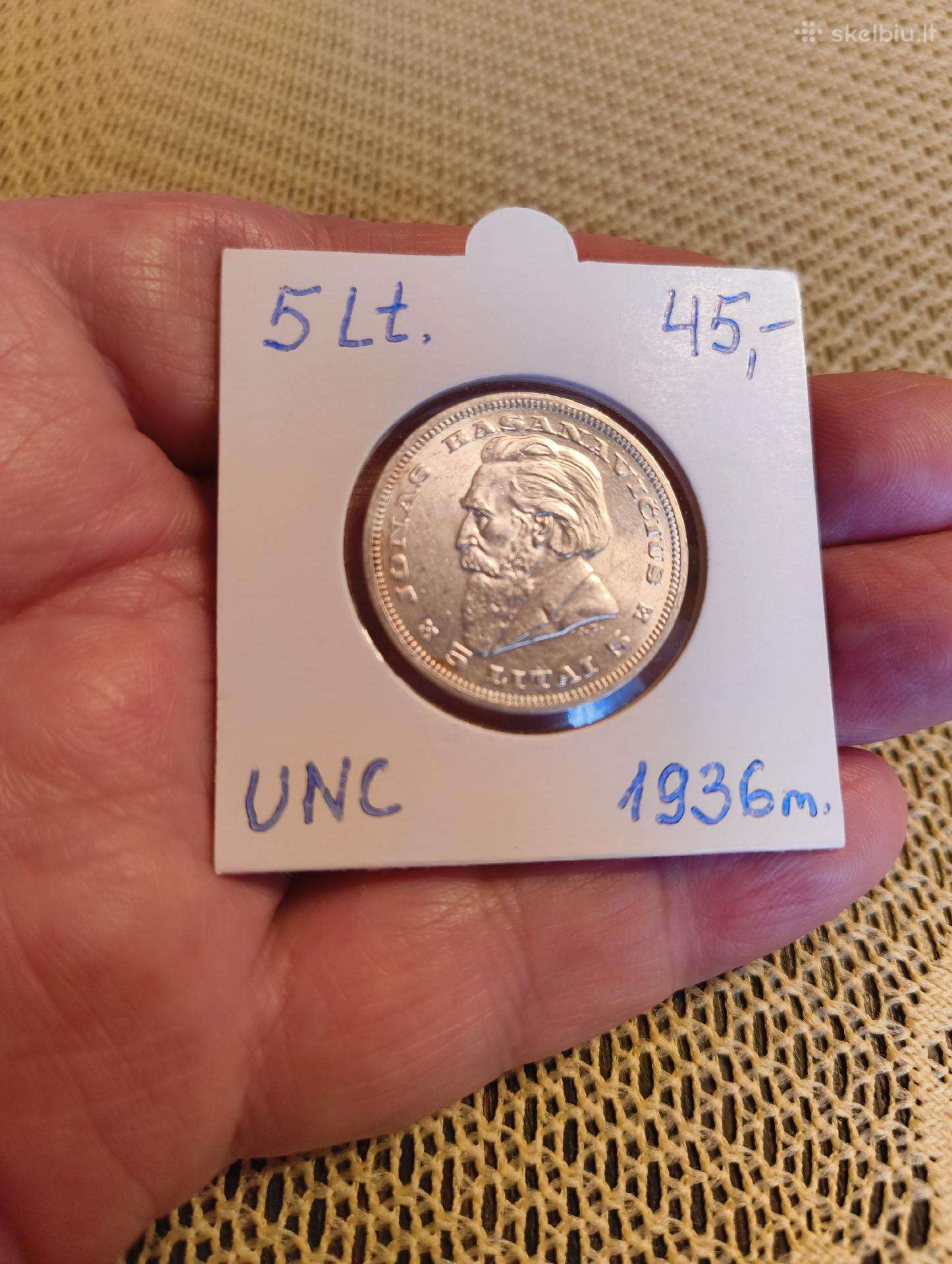 5 Litai 1936 m. Unc - Originalas. Sidabras.