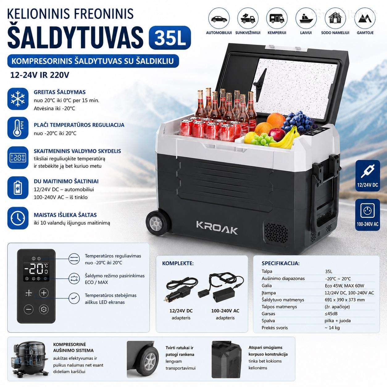 Kompresorinis šaldytuvas su šaldikliu automobiliui