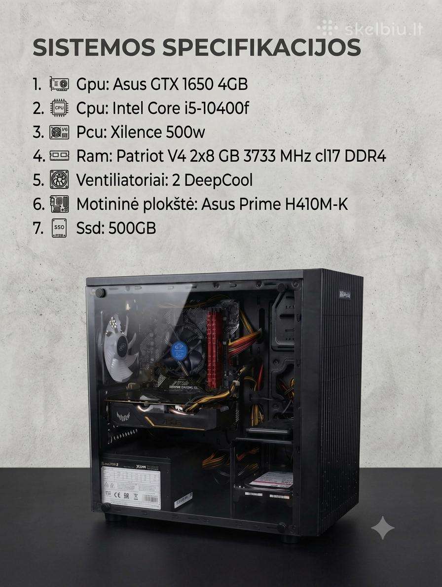 Žaidimų kompiuteris su Gtx1650, i5 10400f,16gb RAM