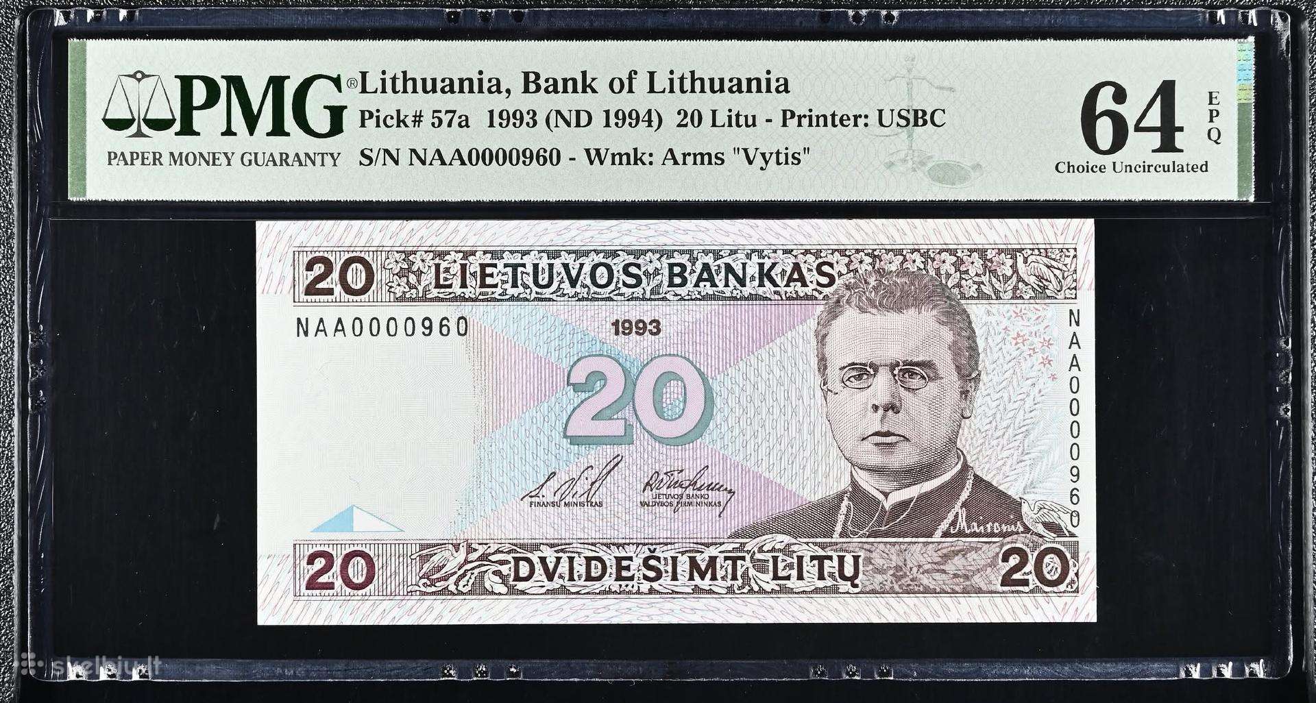 20 Litų 1993 m. Žemas numeris, Pmg64
