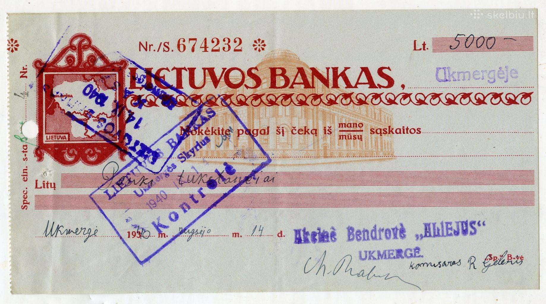 1940 Lietuvos banko čekis Ukmergė "Aliejus"