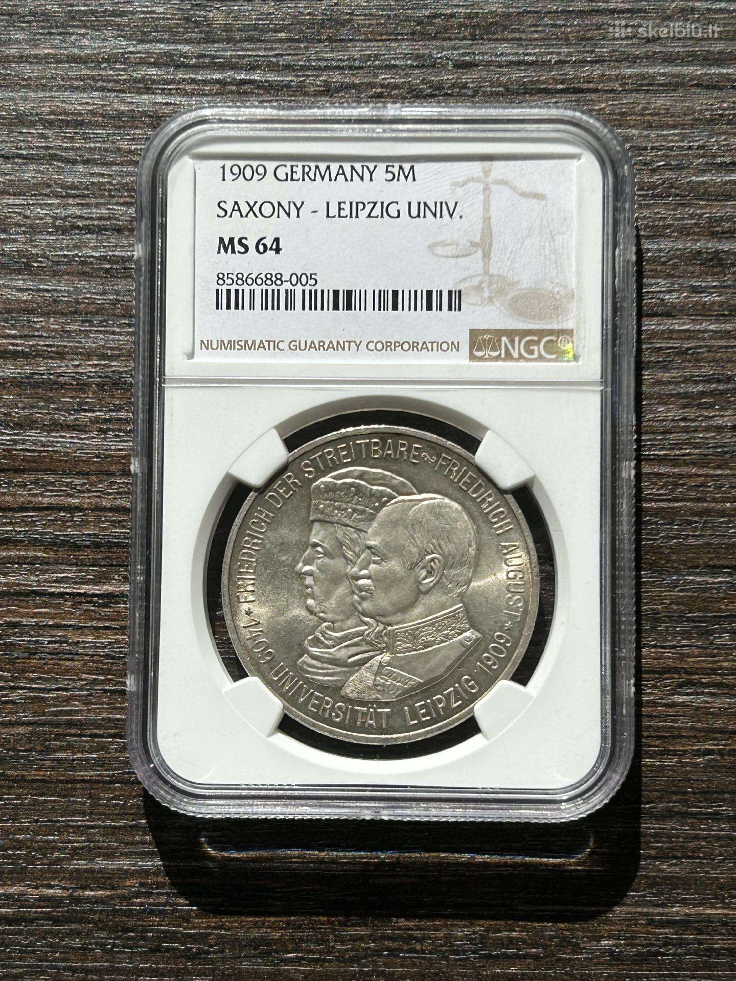 Vokietija 5 markes 1909 Saxony Ngc Ms64