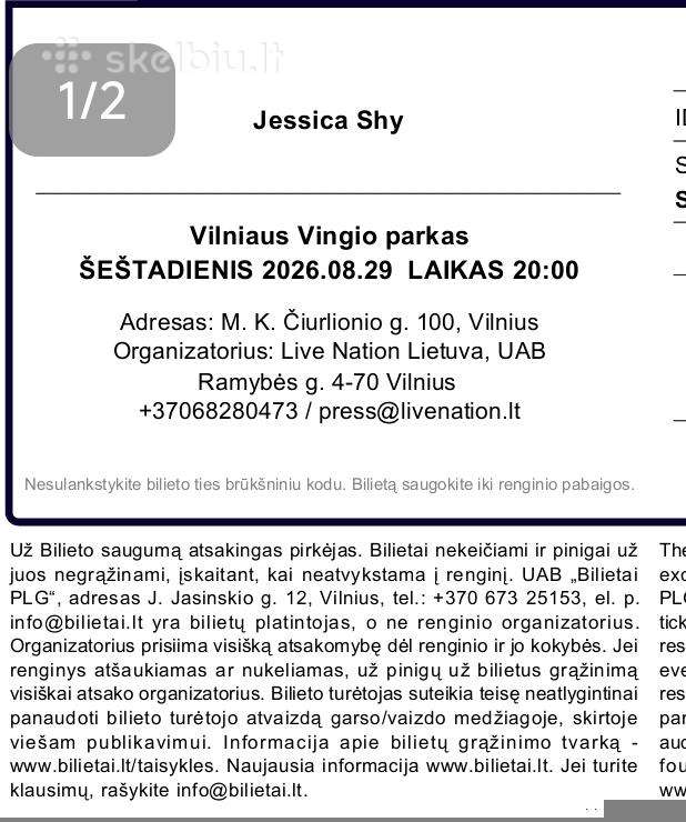 Parduodu 4 stovimus bilietus į Jessica Shy 08.29