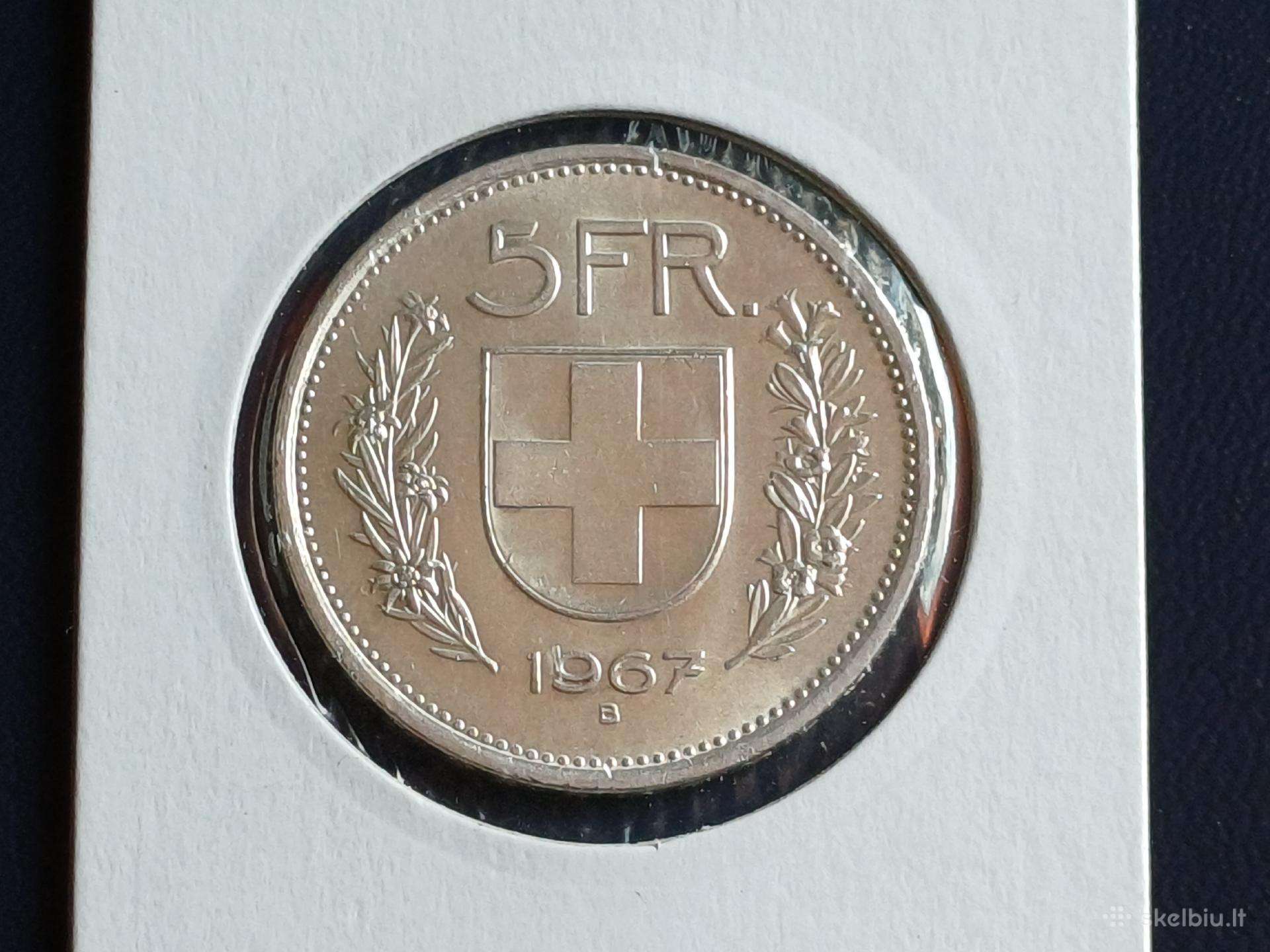 5 frankai 1967m. Šveicarija sidabras 835 unc.