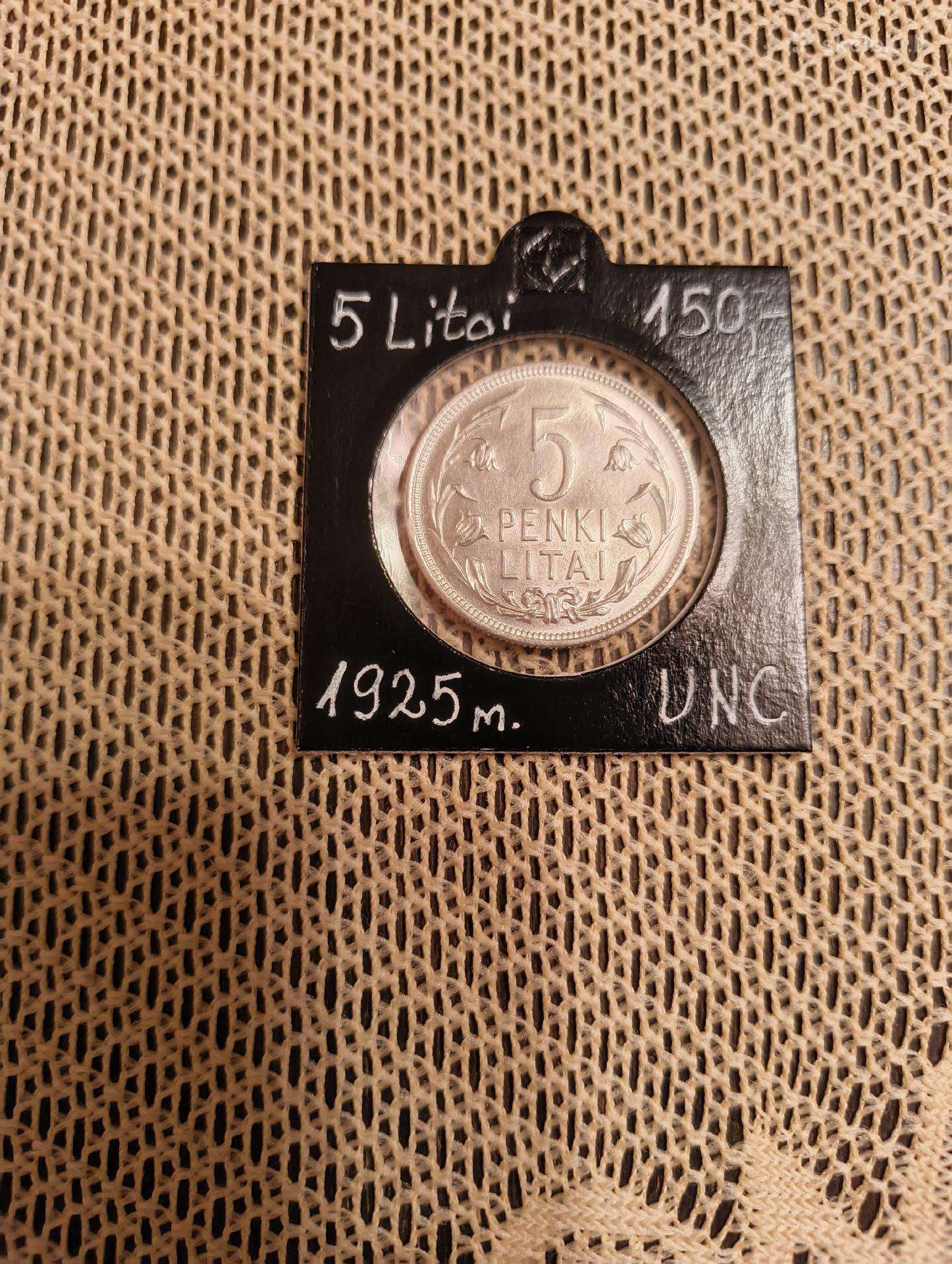 5 Litai 1925 m. Labai Gero Stovio. Unc - Su Kalykl