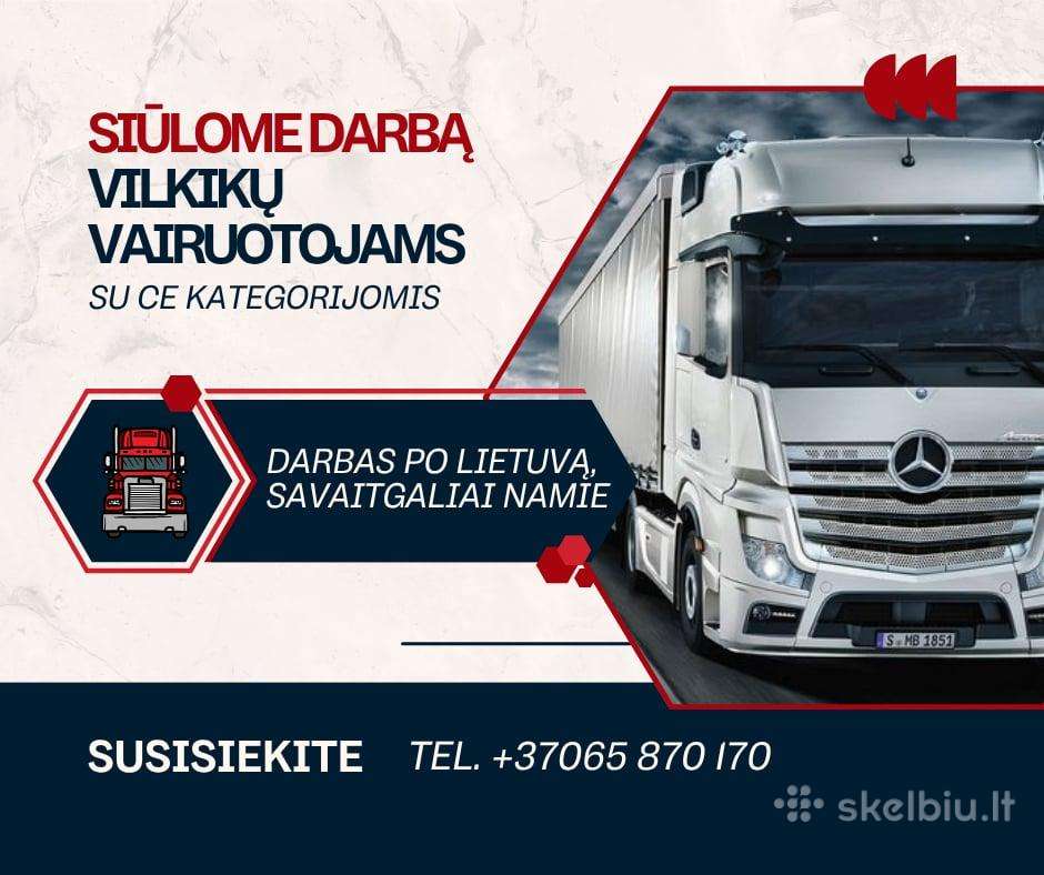 Siūlome darbą, vilkikų vairuotojams po Lietuvą.