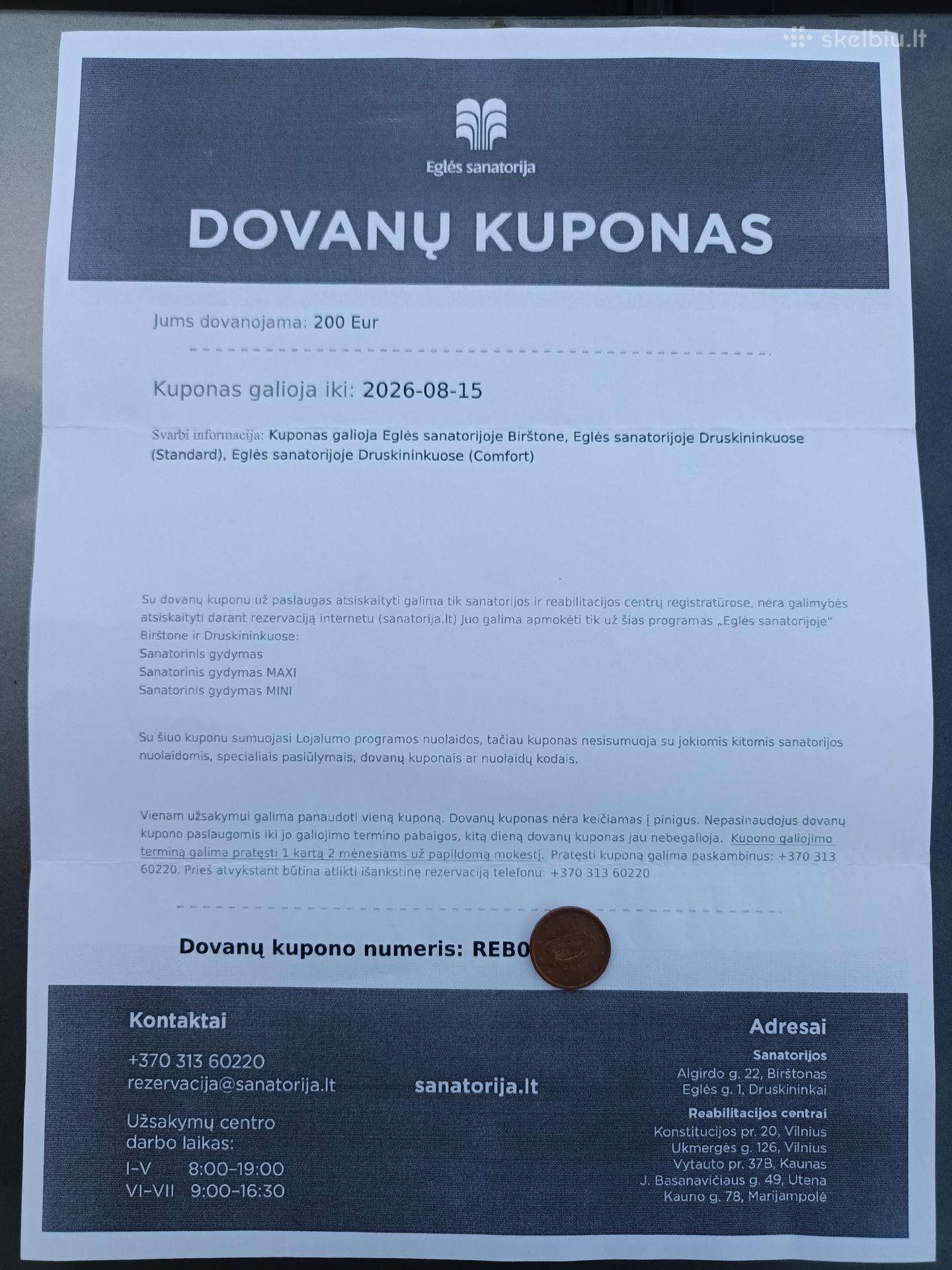Eglės sanatorija dovanų kuponas 200 eurų