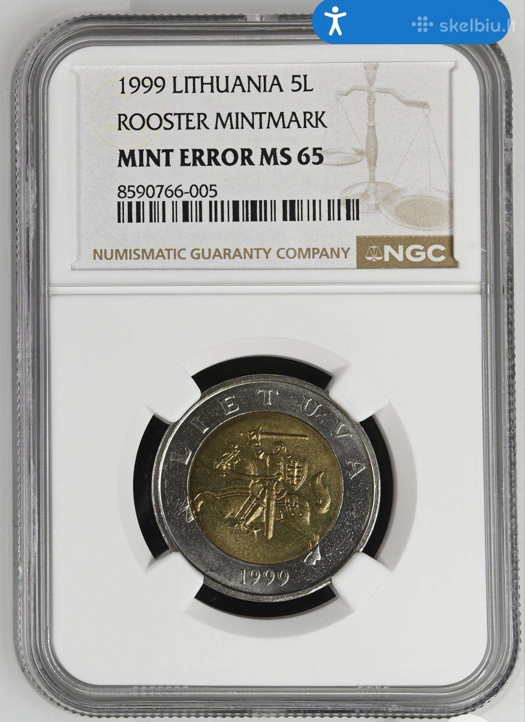 1999 5 litai ms 65 mint error.