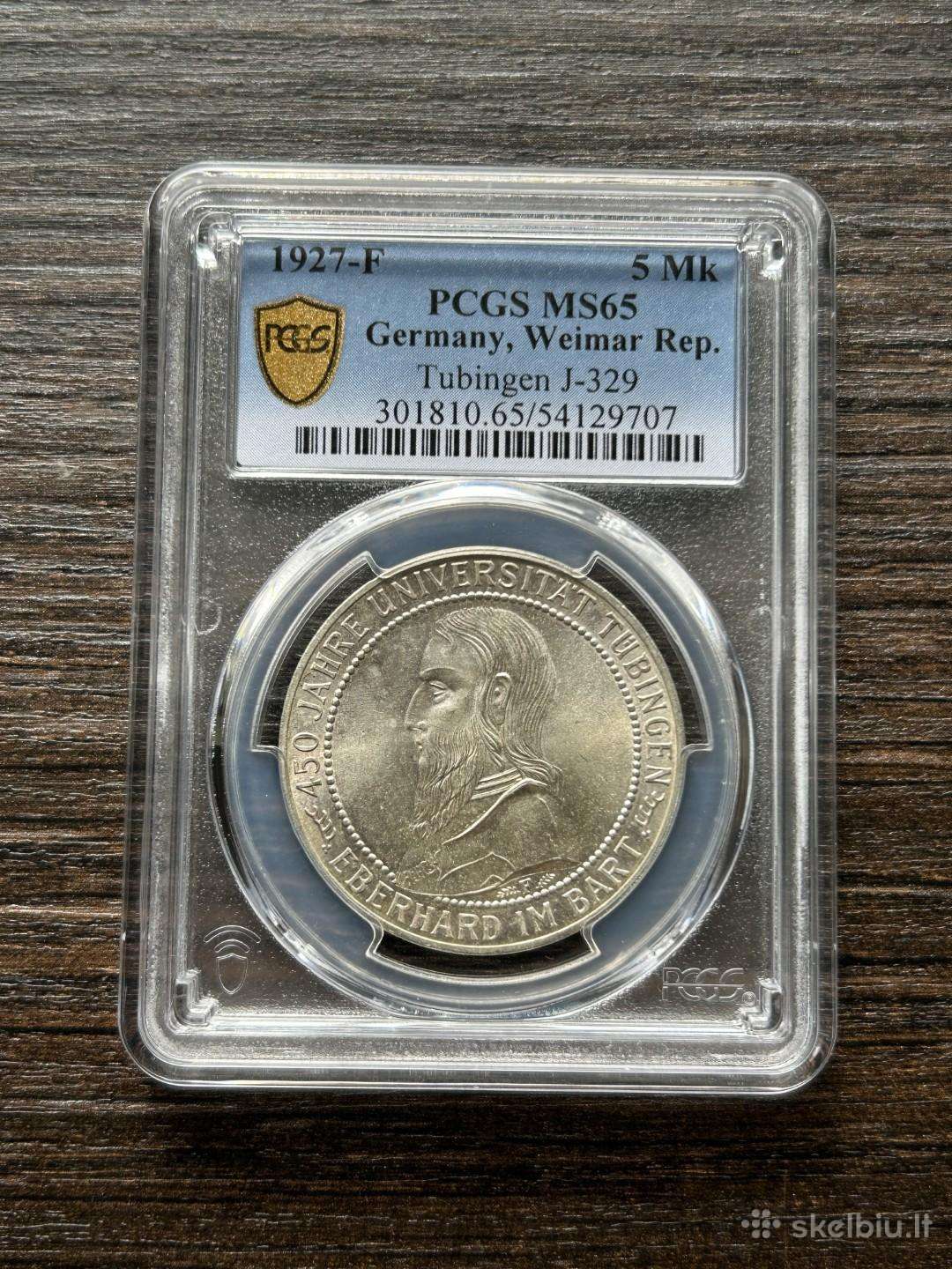 Vokietija 5 markes 1925 Tubingen Pcgs Ms65